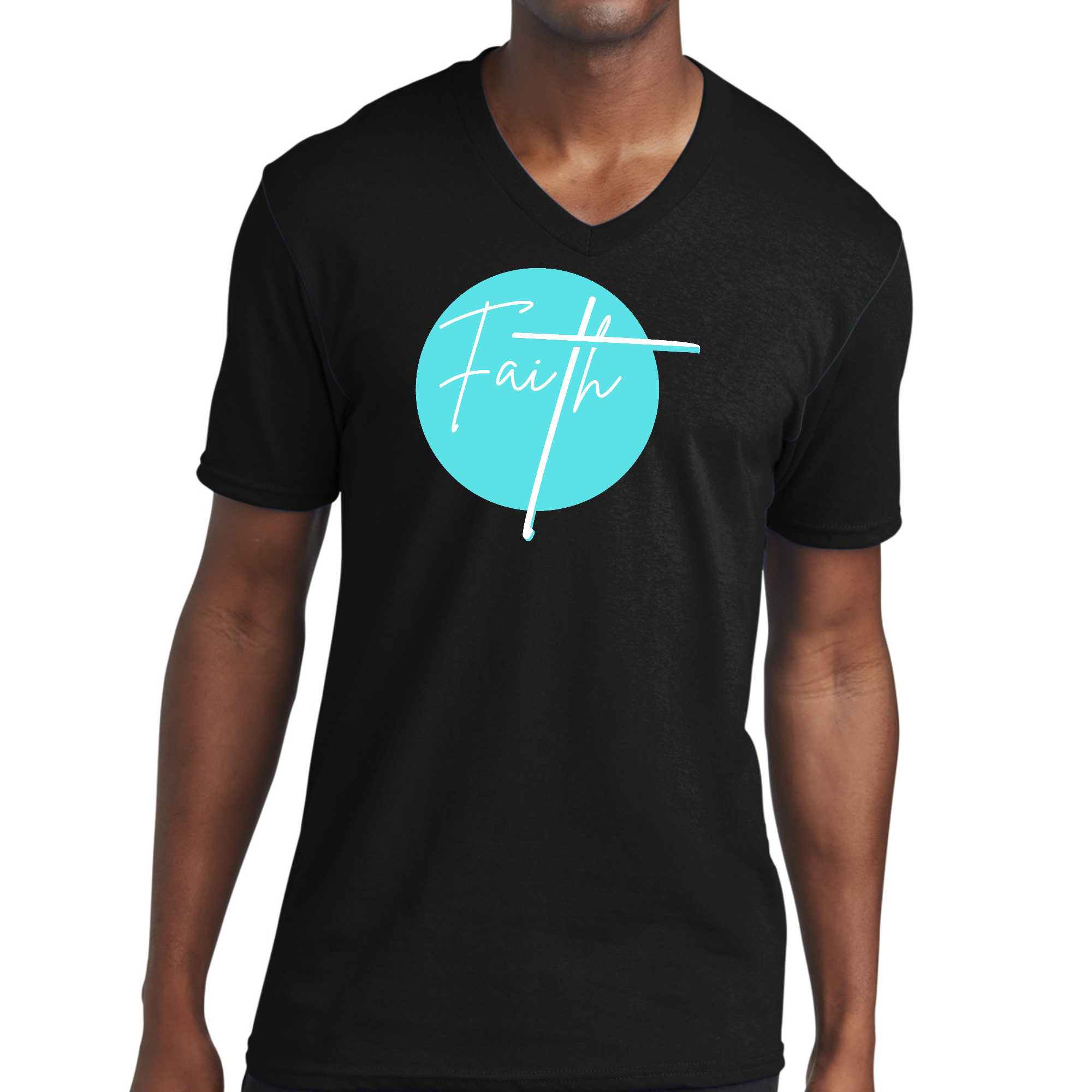 Men's Graphic V-neck T-shirt in cyan featuring a Christian affirmation design, made from soft preshrunk cotton.