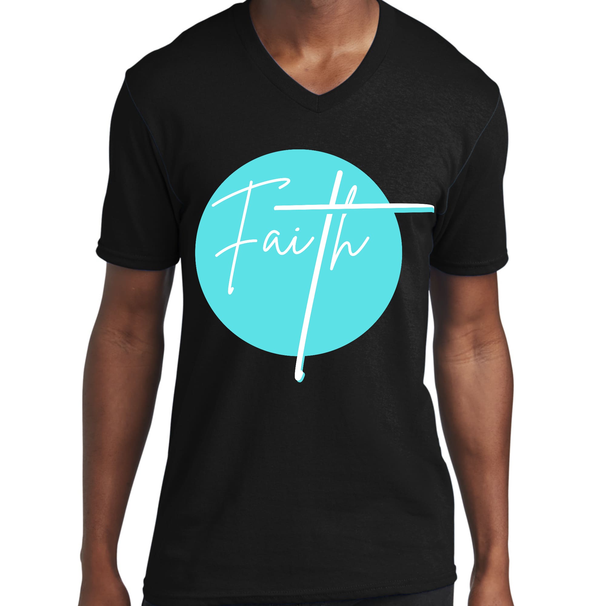 Men's Graphic V-neck T-shirt in cyan featuring a Christian affirmation design, made from soft preshrunk cotton.