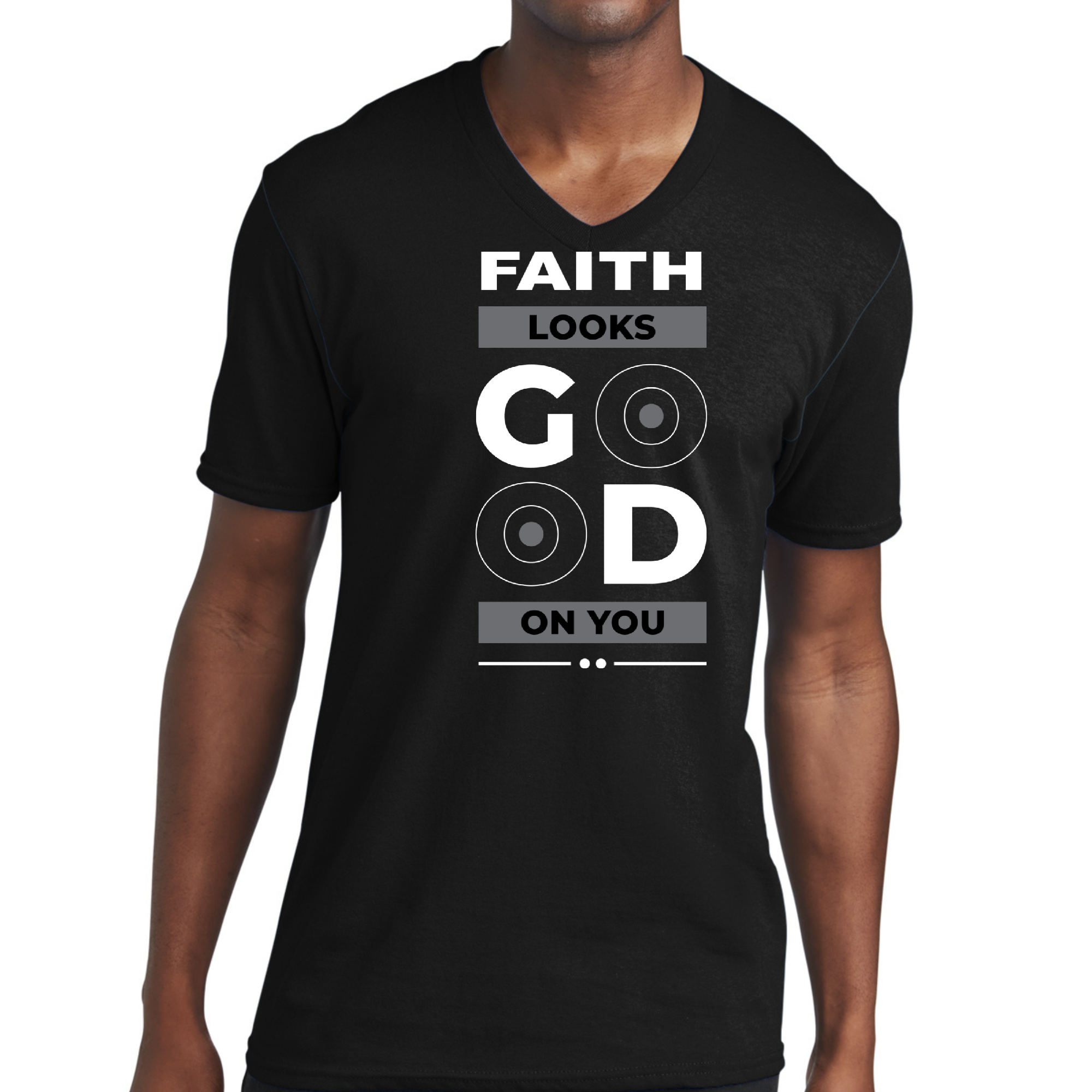 Men's Graphic V-neck T-shirt with 'Faith Looks Good' printed design, showcasing a comfortable fit and soft fabric.