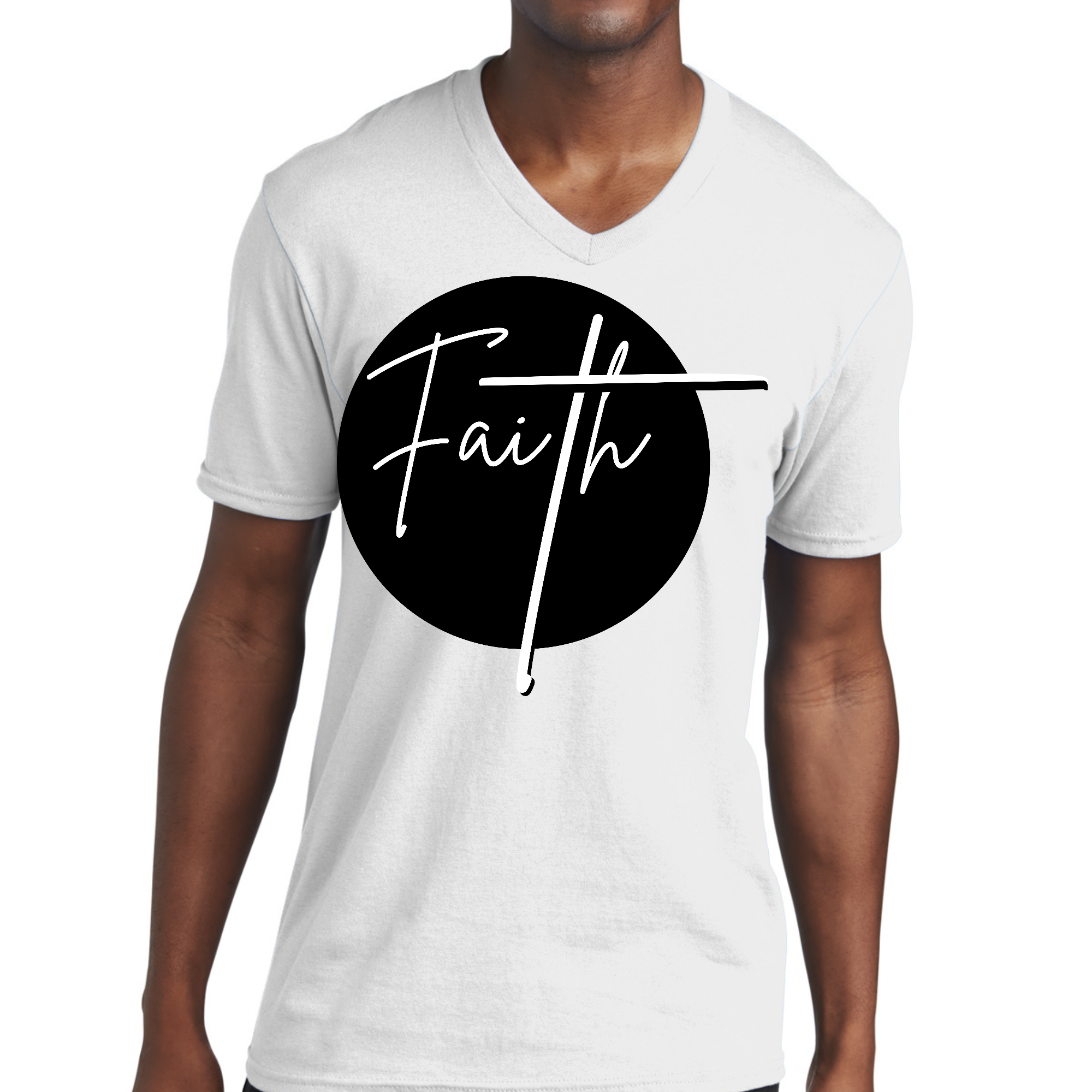 Men's black and white graphic V-neck T-shirt featuring a Faith print, made from soft preshrunk cotton.