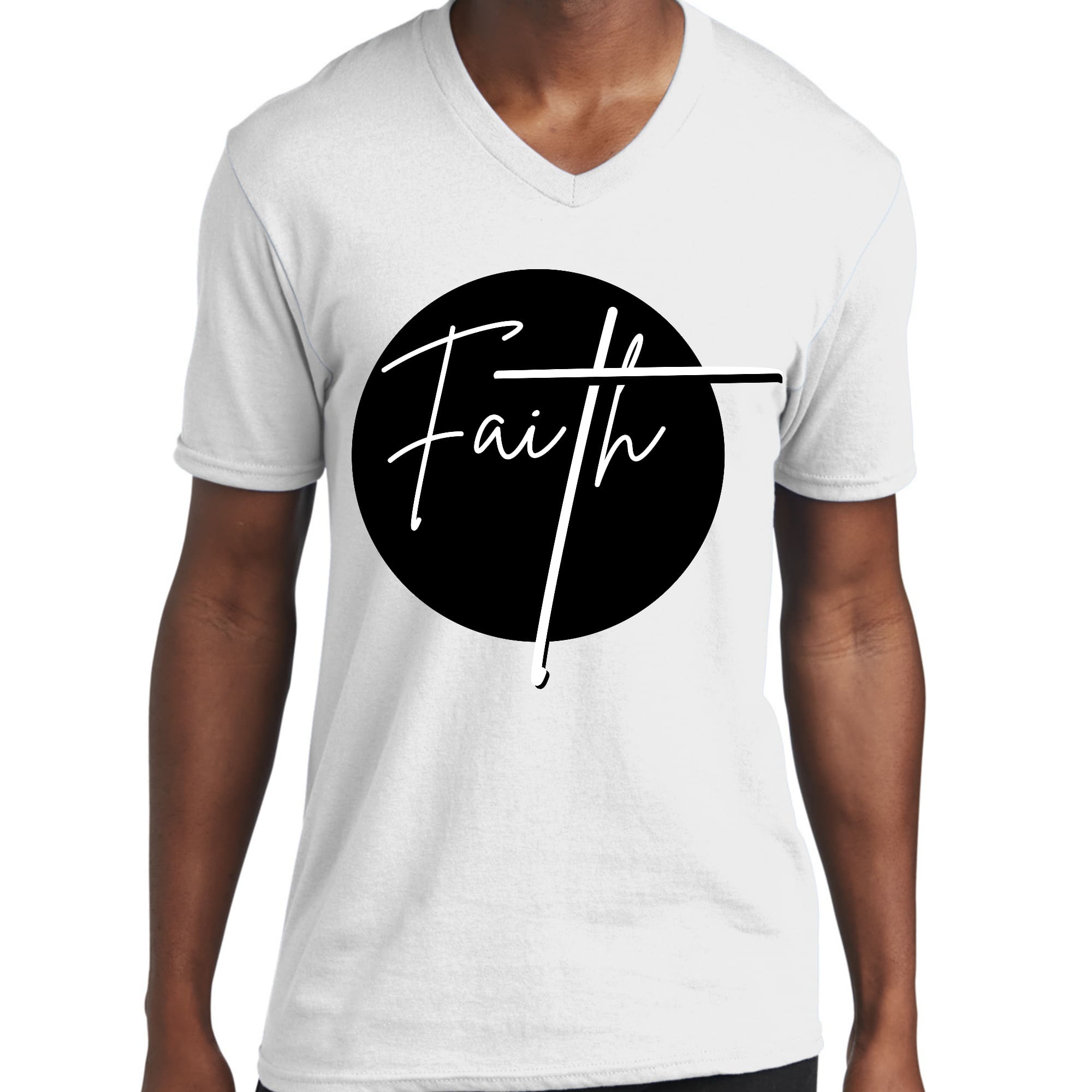 Men's black and white graphic V-neck T-shirt featuring a Faith print, made from soft preshrunk cotton.