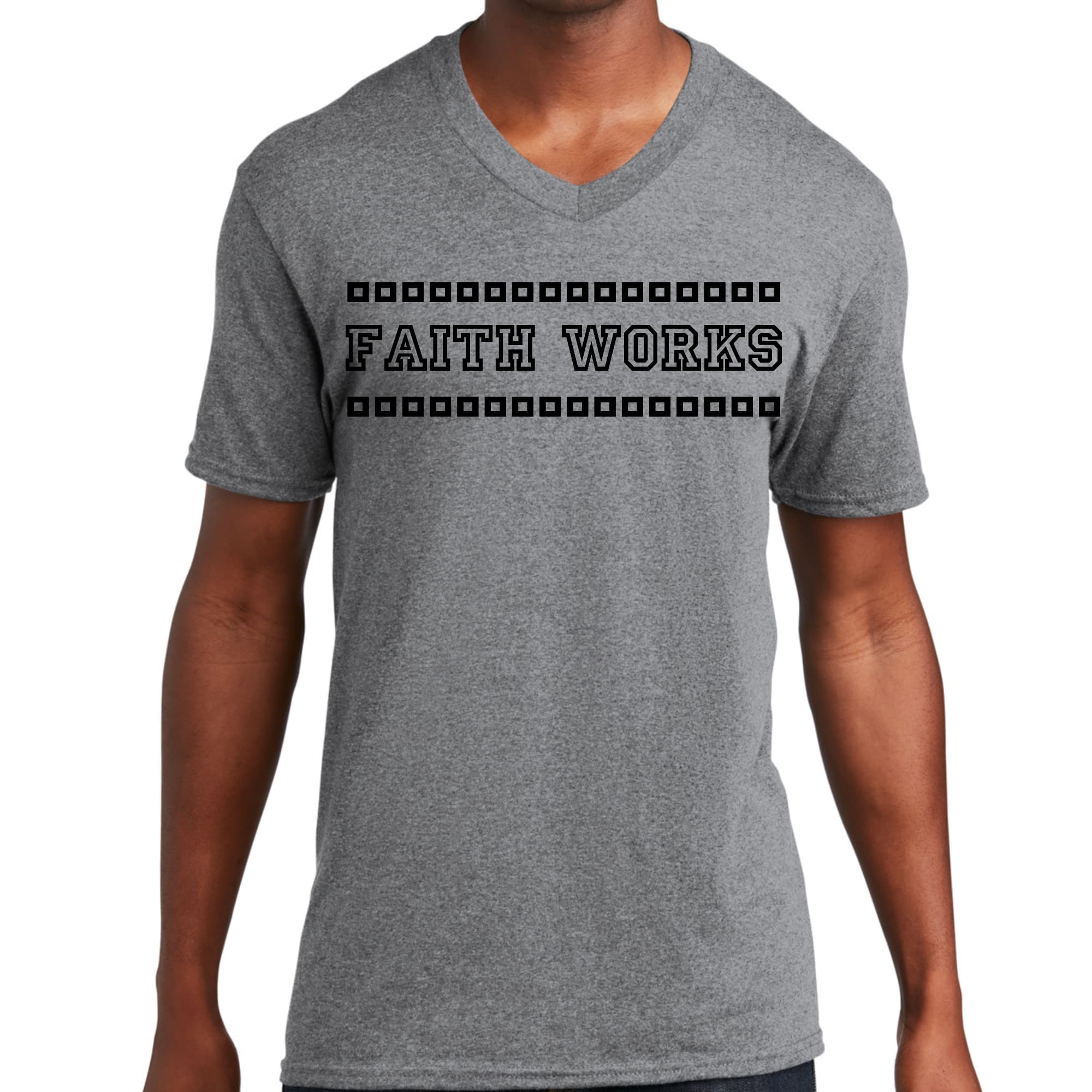 Men's Graphic V-neck T-shirt featuring a bold Faith Works illustration in black, showcasing a modern and artistic design.