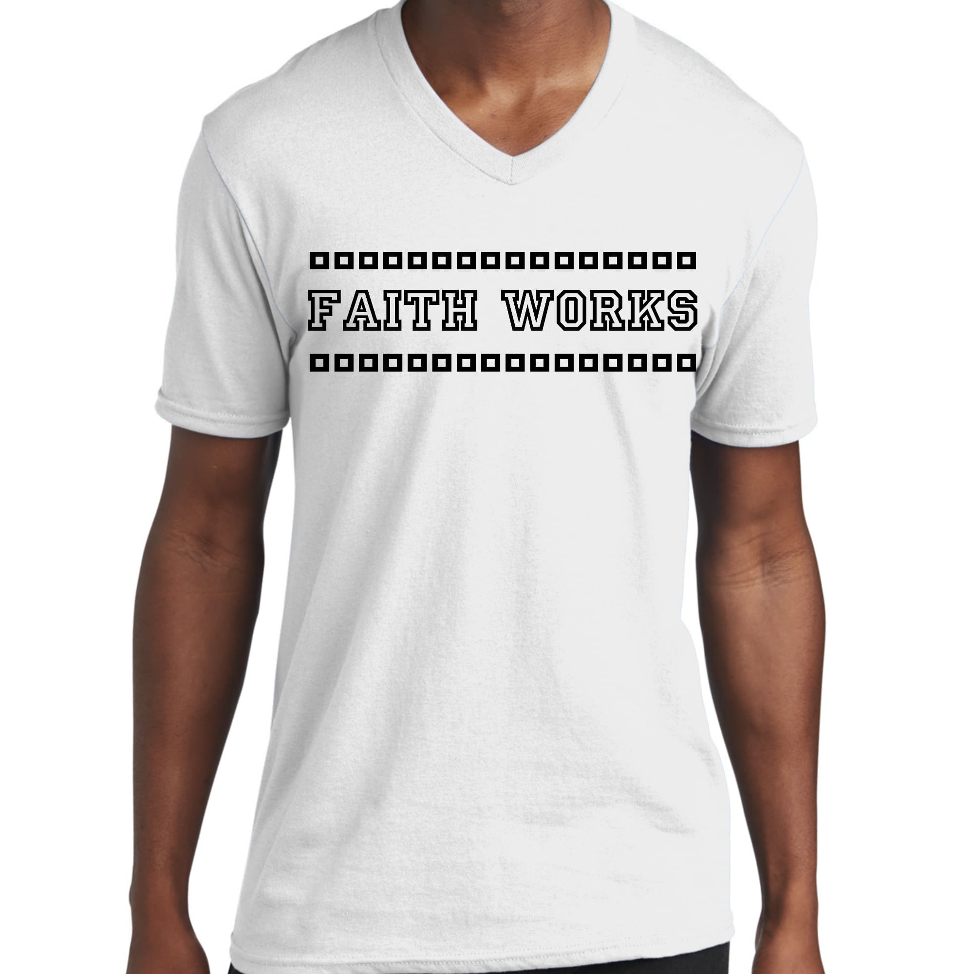 Men's Graphic V-neck T-shirt featuring a bold Faith Works illustration in black, showcasing a modern and artistic design.