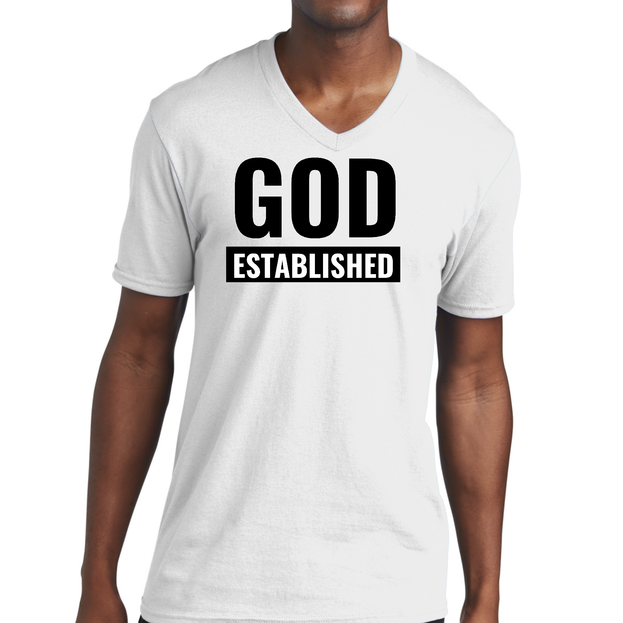 Men's black V-neck T-shirt featuring 'God Established' graphic, made from soft preshrunk cotton for comfort.