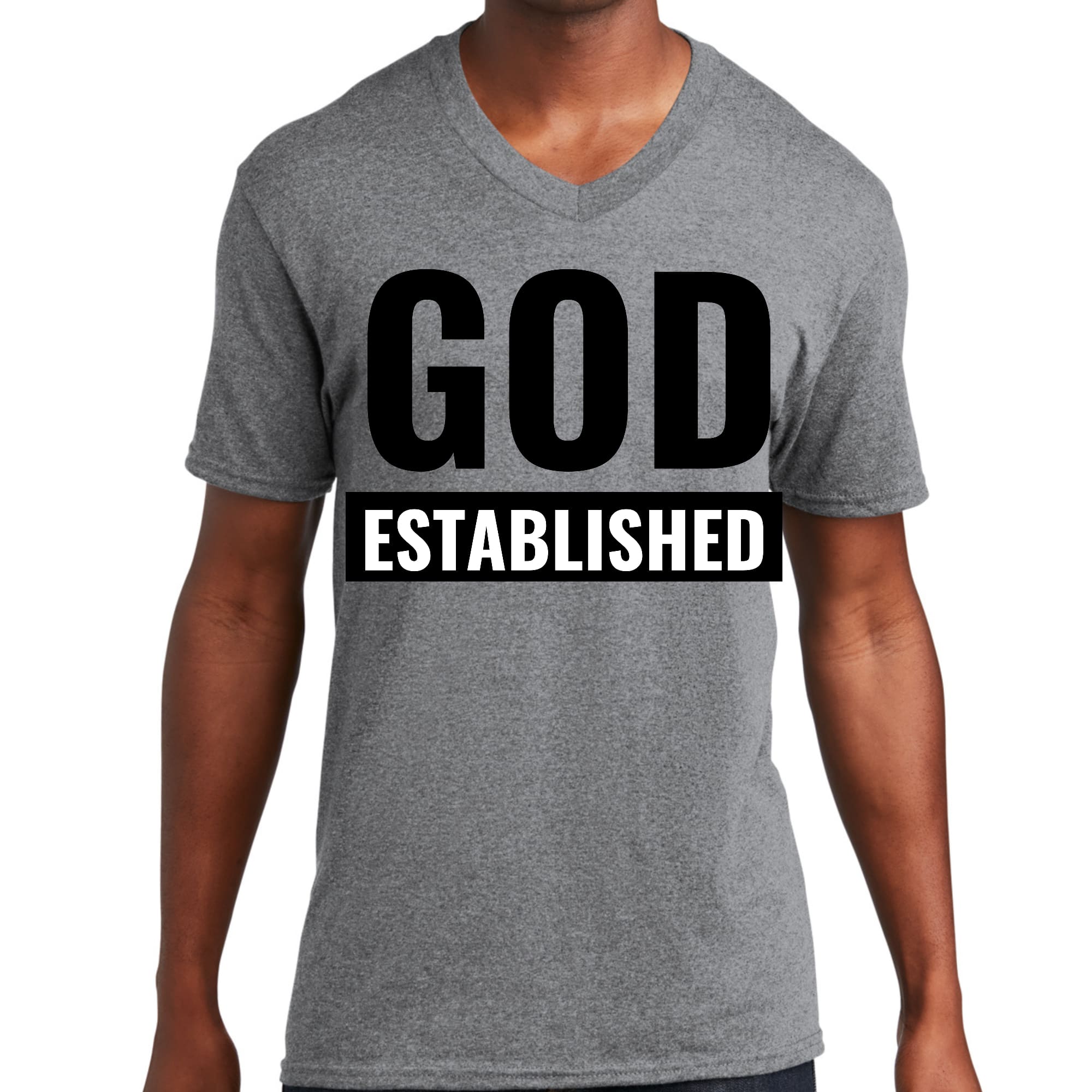 Men's black V-neck T-shirt featuring 'God Established' graphic, made from soft preshrunk cotton for comfort.