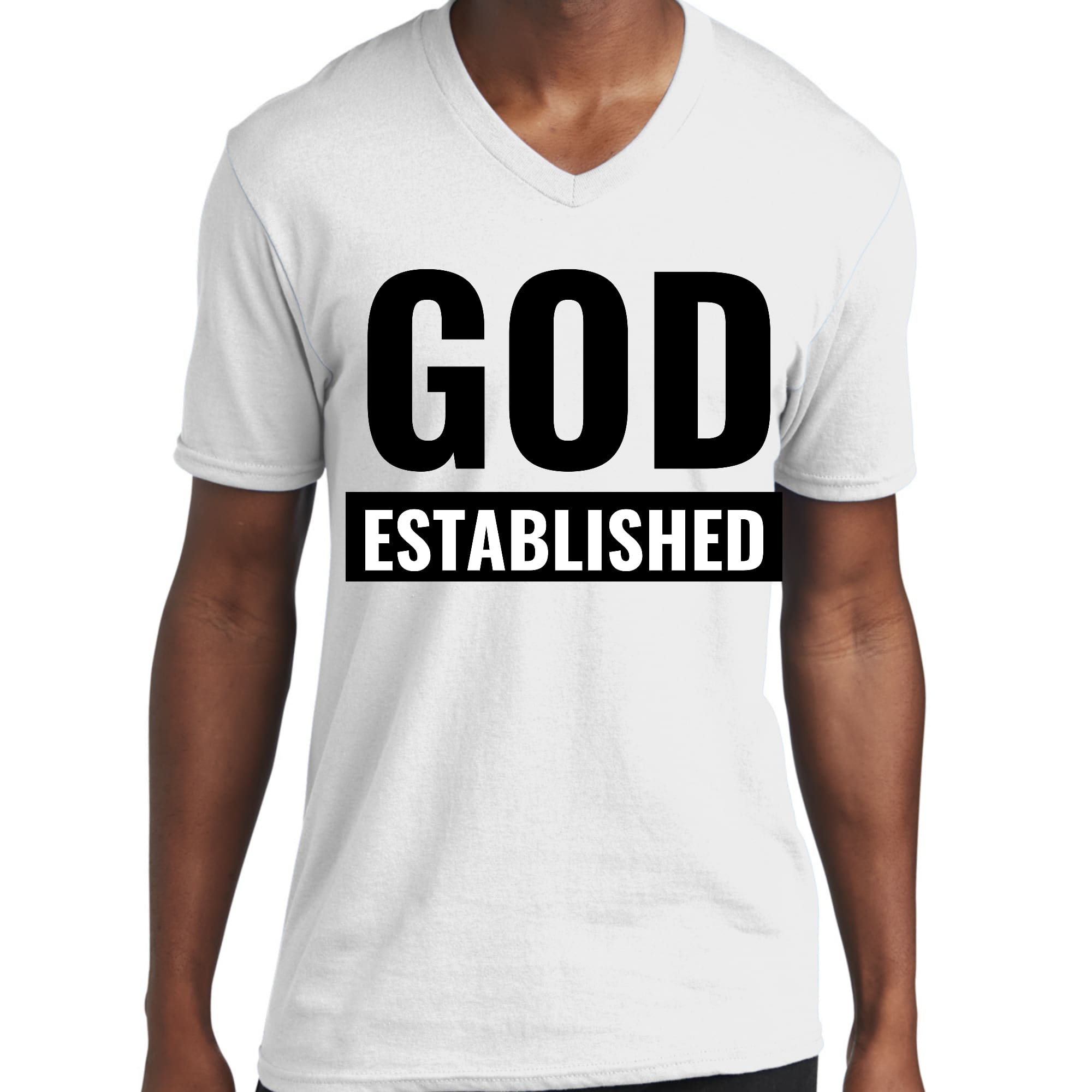 Men's black V-neck T-shirt featuring 'God Established' graphic, made from soft preshrunk cotton for comfort.