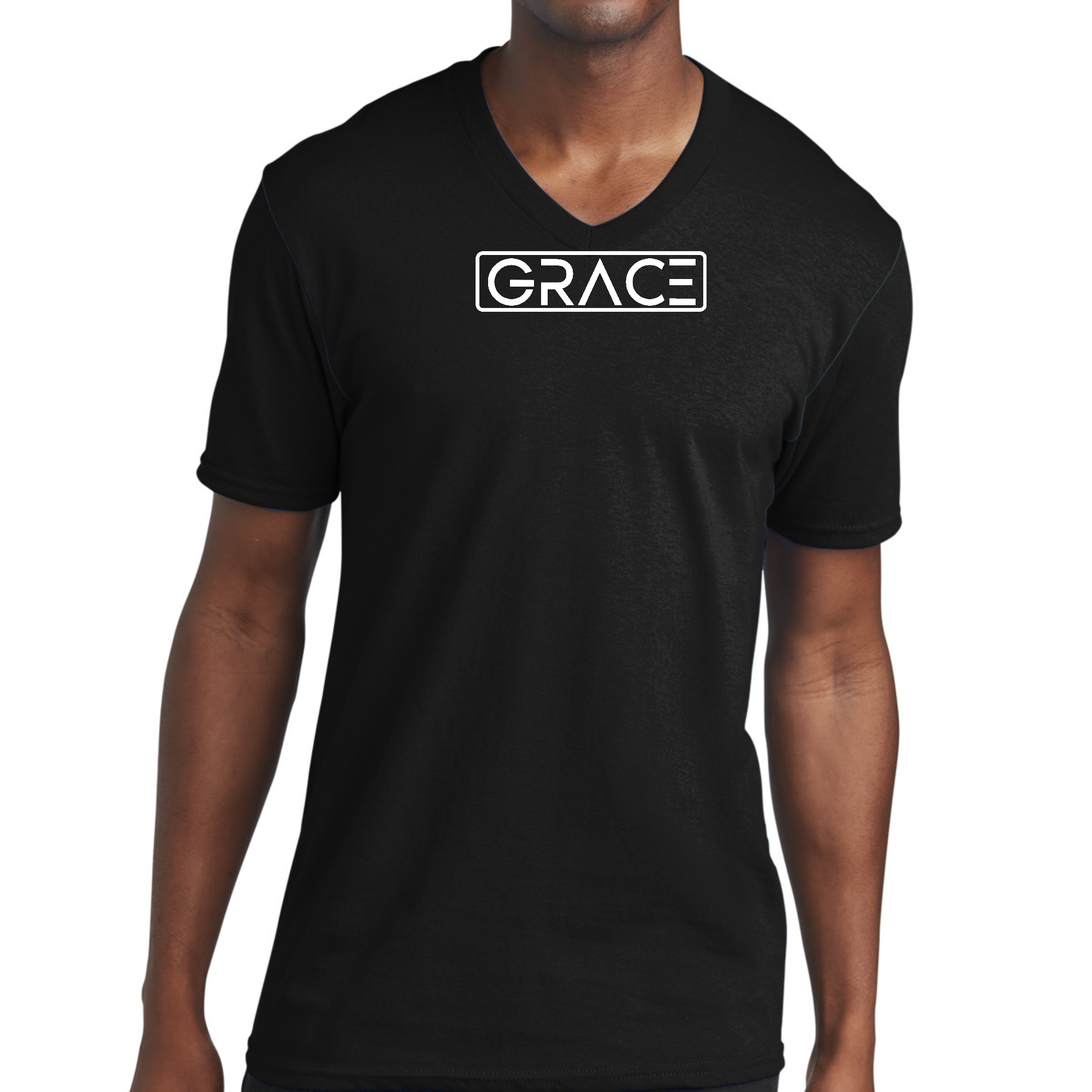 Men's Graphic V-neck T-shirt featuring Grace Christian Inspiration Word Art, made from soft preshrunk cotton with a classic fit.