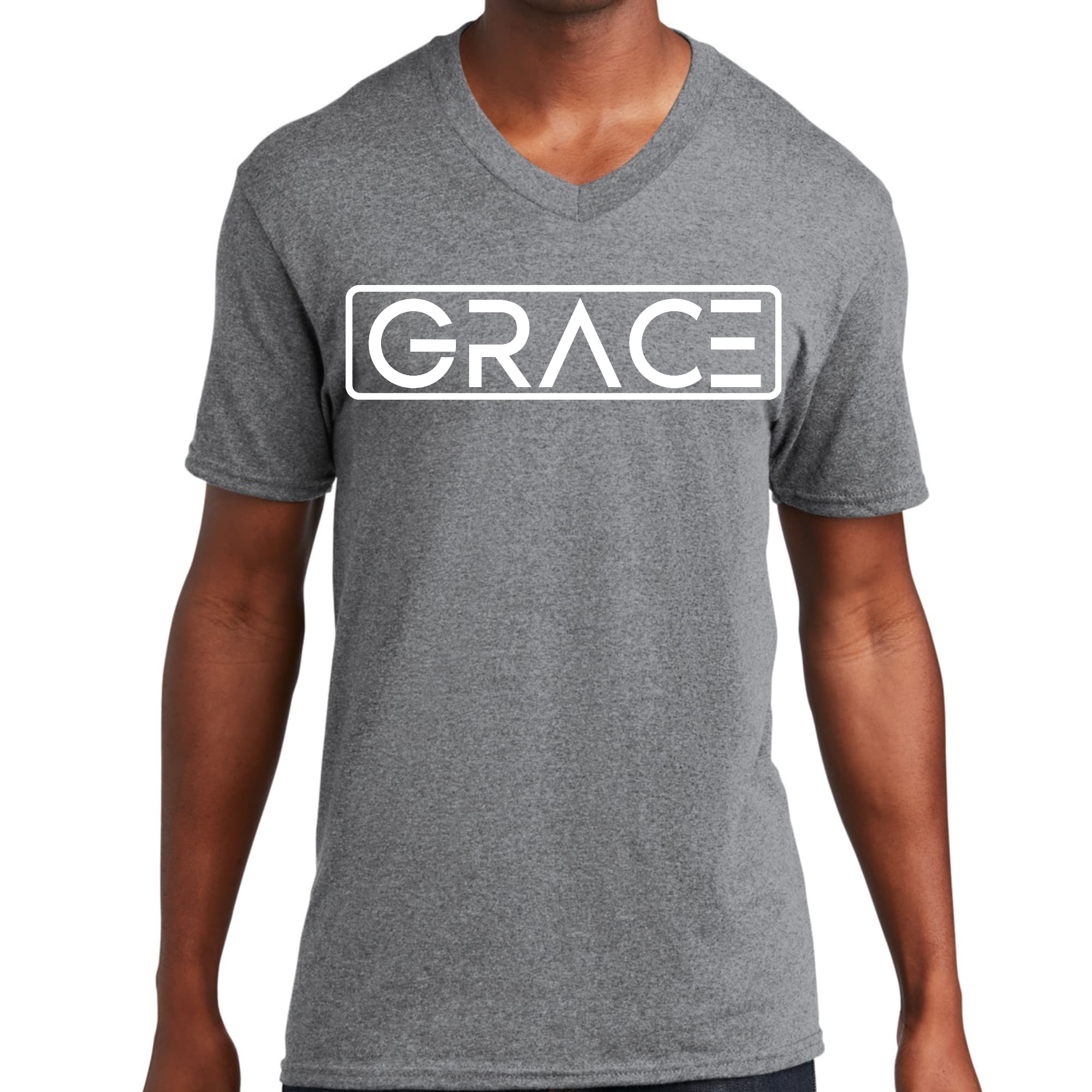 Men's Graphic V-neck T-shirt featuring Grace Christian Inspiration Word Art, made from soft preshrunk cotton with a classic fit.