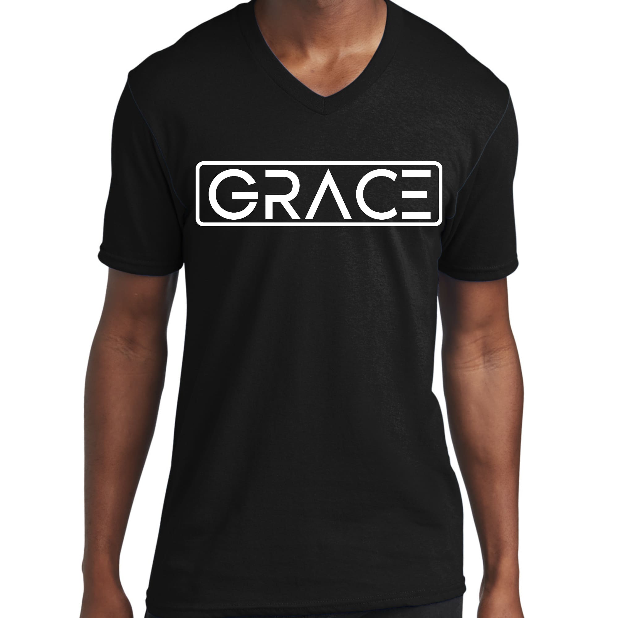 Men's Graphic V-neck T-shirt featuring Grace Christian Inspiration Word Art, made from soft preshrunk cotton with a classic fit.