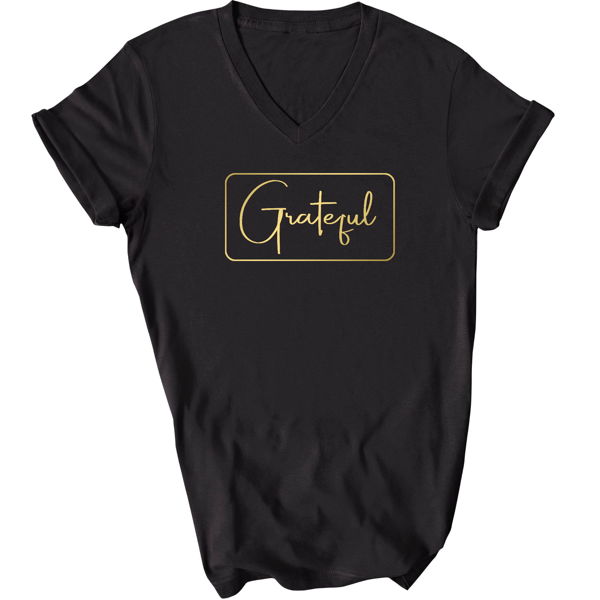 Men's V-neck T-shirt featuring a metallic gold 'Grateful' graphic illustration on a soft cotton fabric.