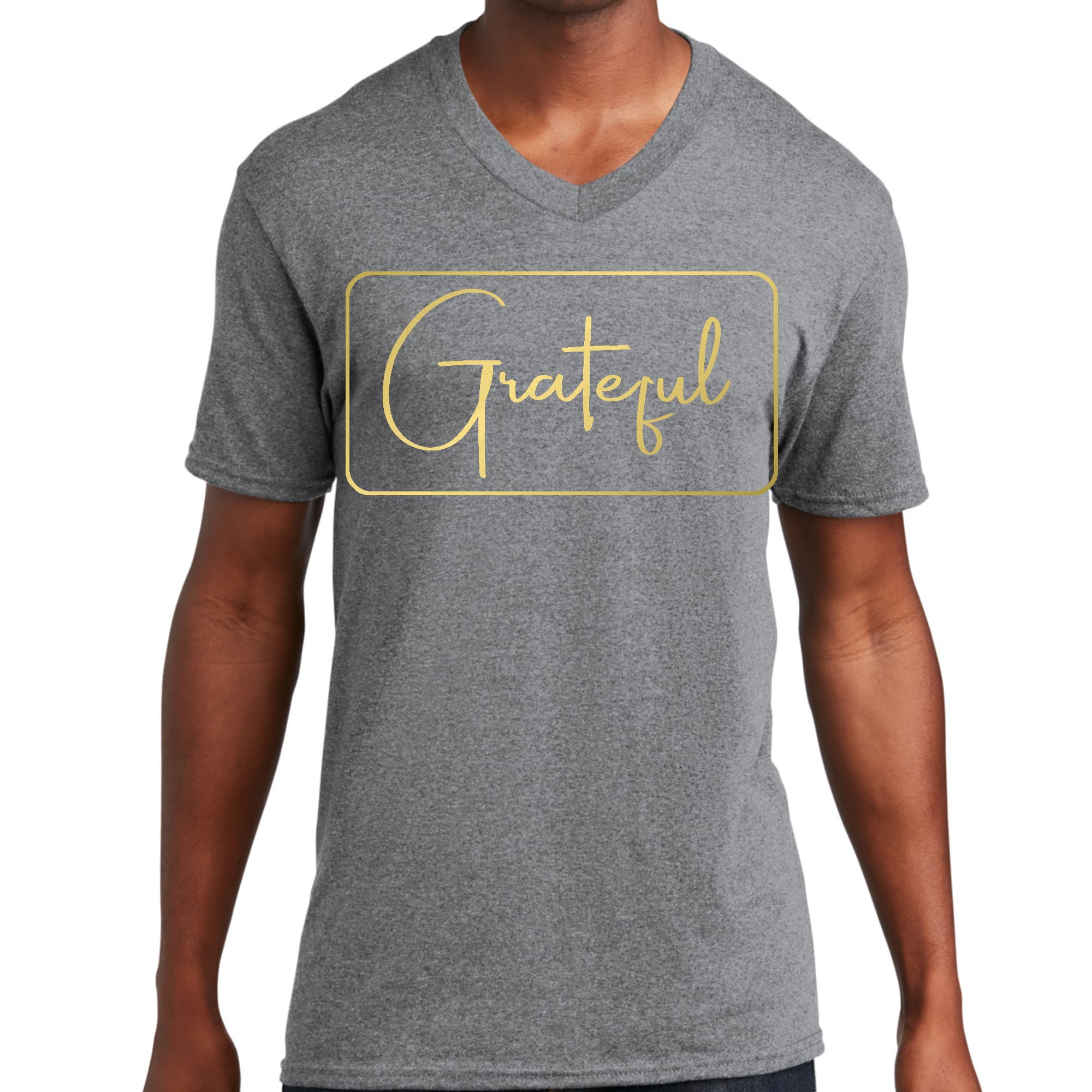 Men's V-neck T-shirt featuring a metallic gold 'Grateful' graphic illustration on a soft cotton fabric.