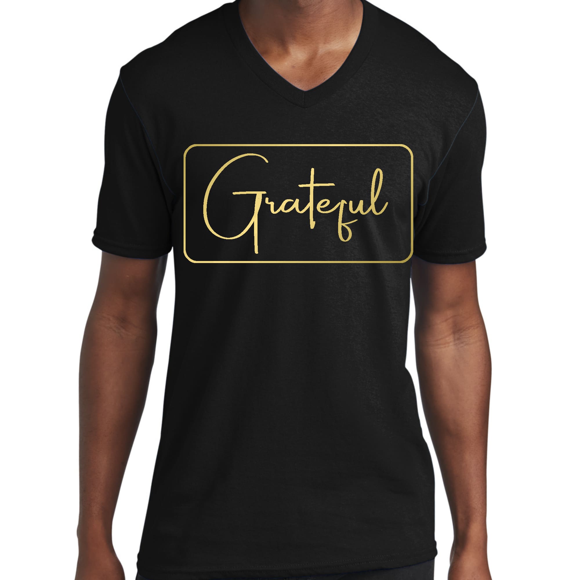 Men's V-neck T-shirt featuring a metallic gold 'Grateful' graphic illustration on a soft cotton fabric.