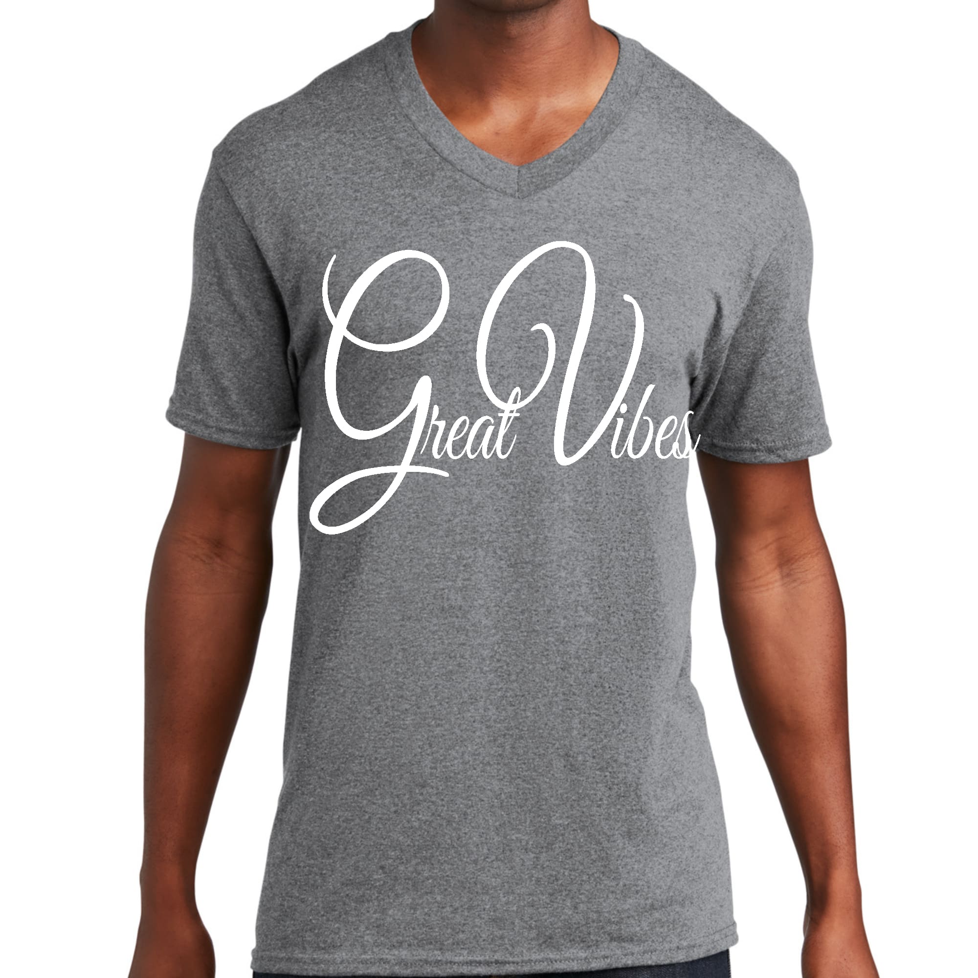 Mens Graphic V-neck T-shirt featuring Great Vibes design, made from soft preshrunk cotton with a classic fit.