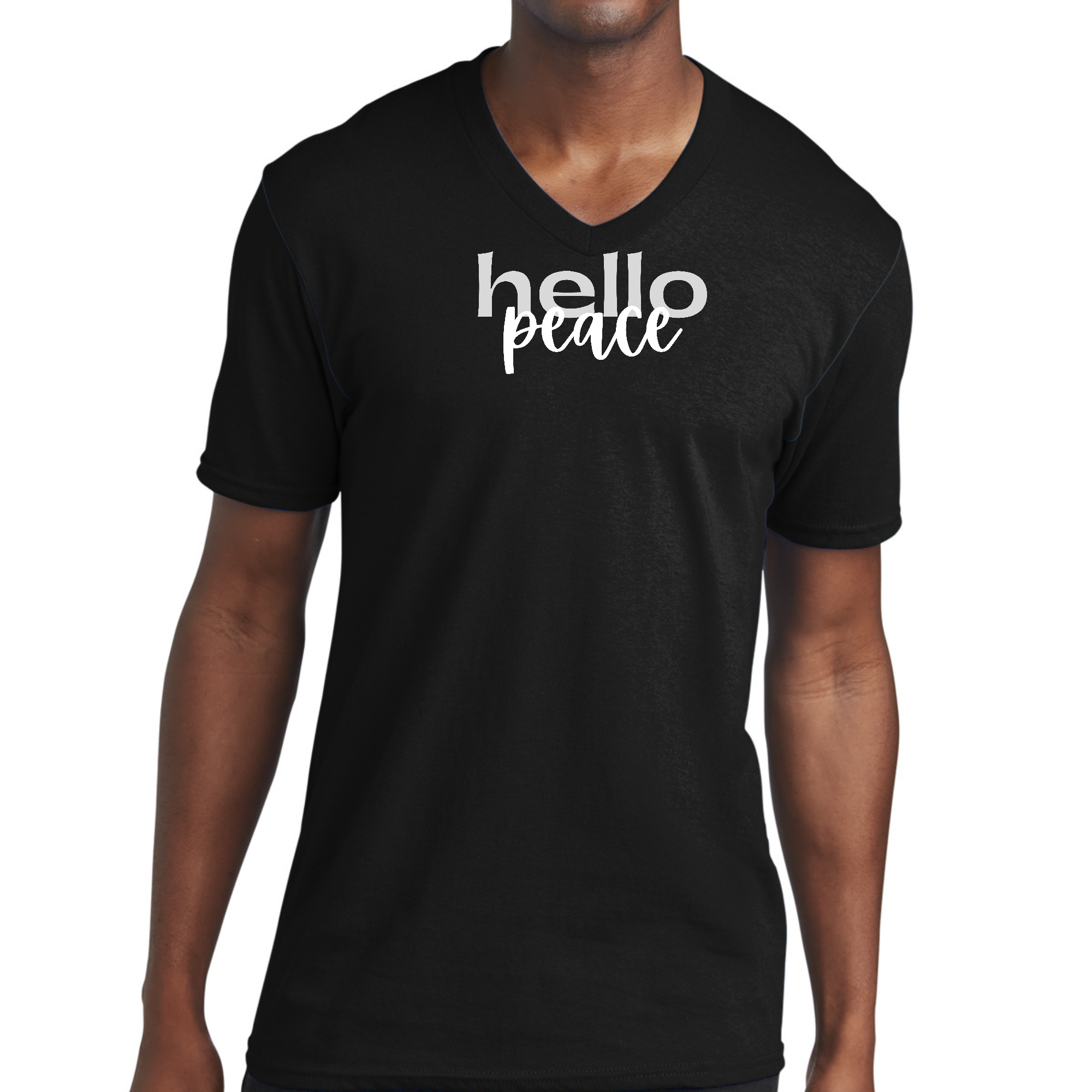 Men's Graphic V-neck T-shirt in grey and white featuring 'Hello Peace' motivational design, made from soft preshrunk cotton.