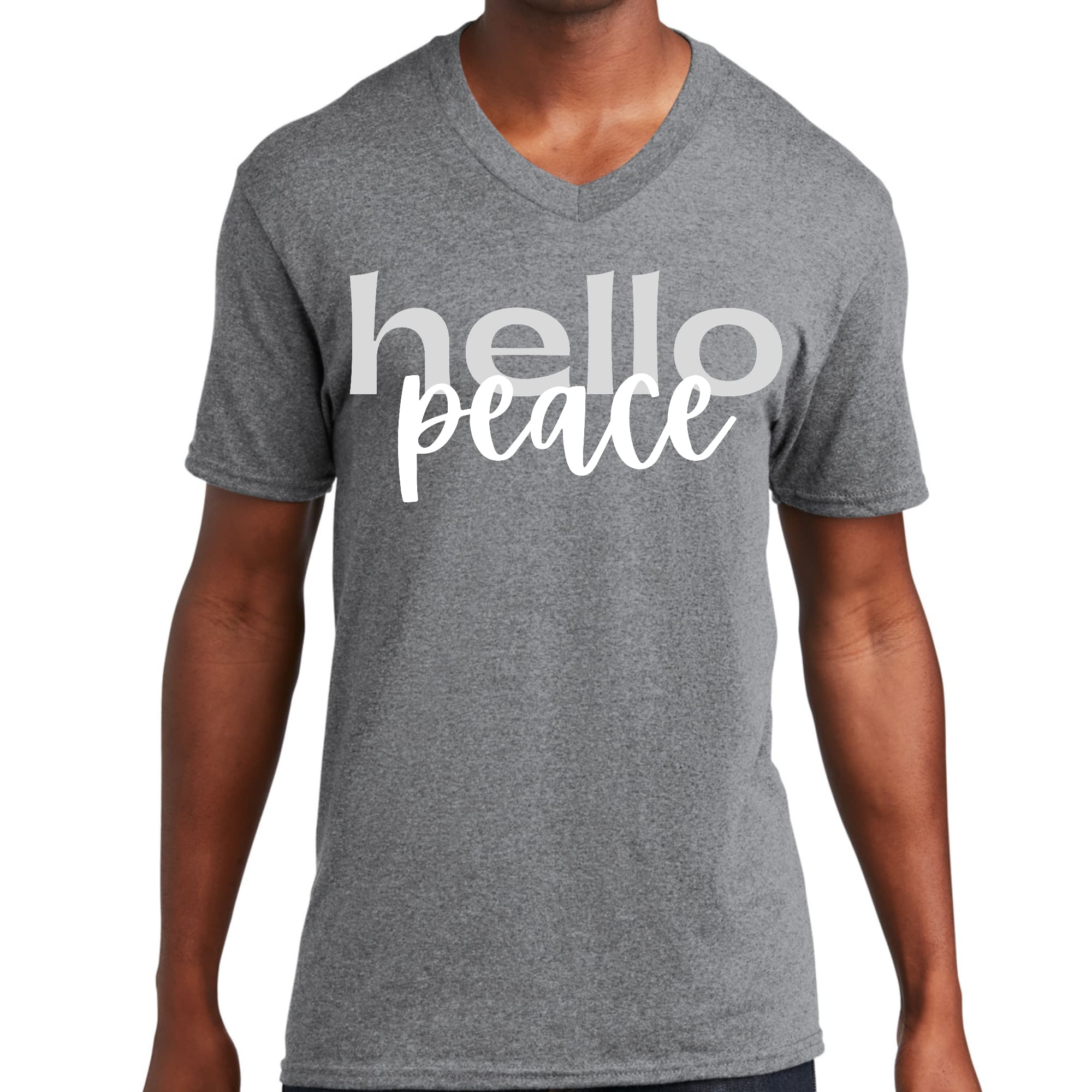 Men's Graphic V-neck T-shirt in grey and white featuring 'Hello Peace' motivational design, made from soft preshrunk cotton.