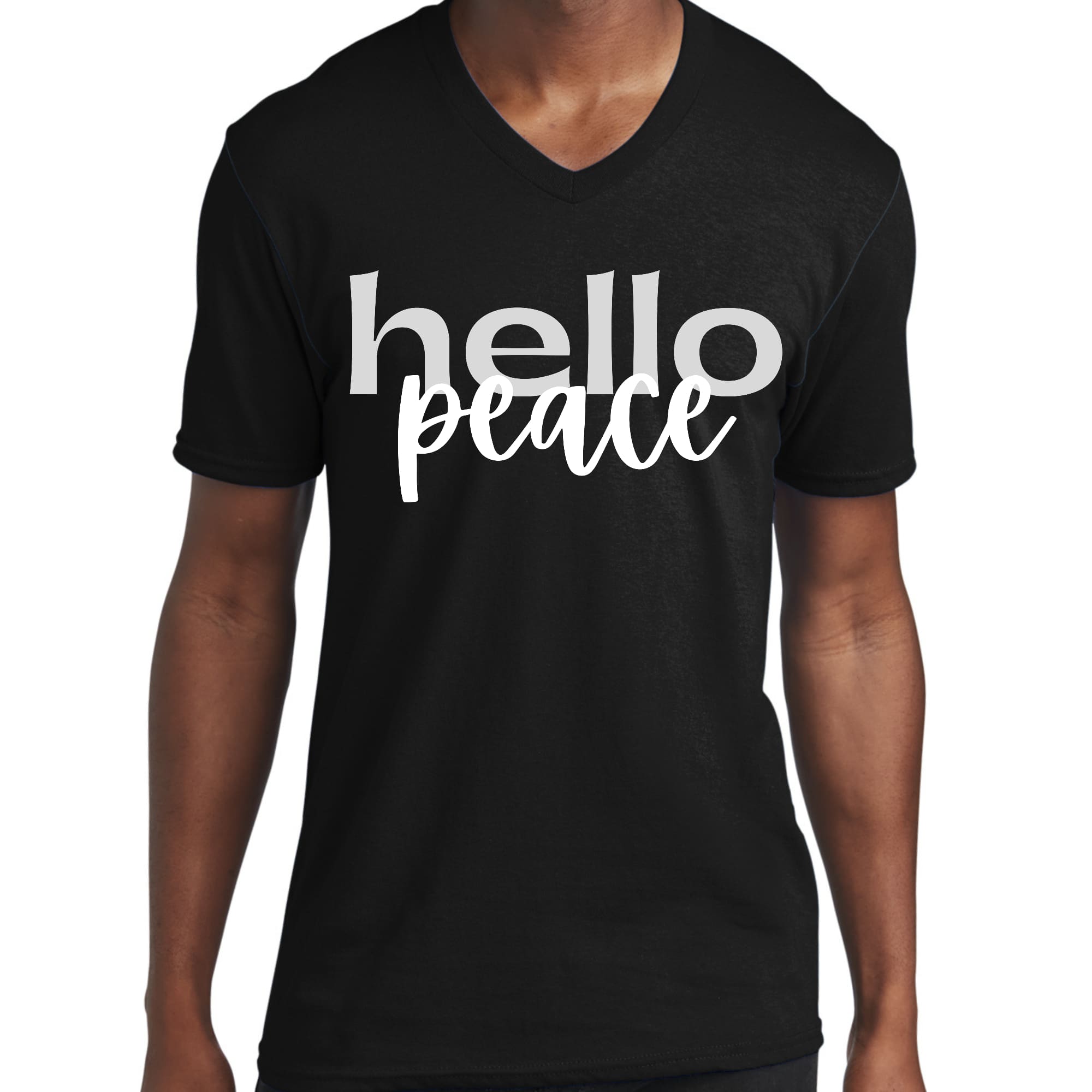 Men's Graphic V-neck T-shirt in grey and white featuring 'Hello Peace' motivational design, made from soft preshrunk cotton.