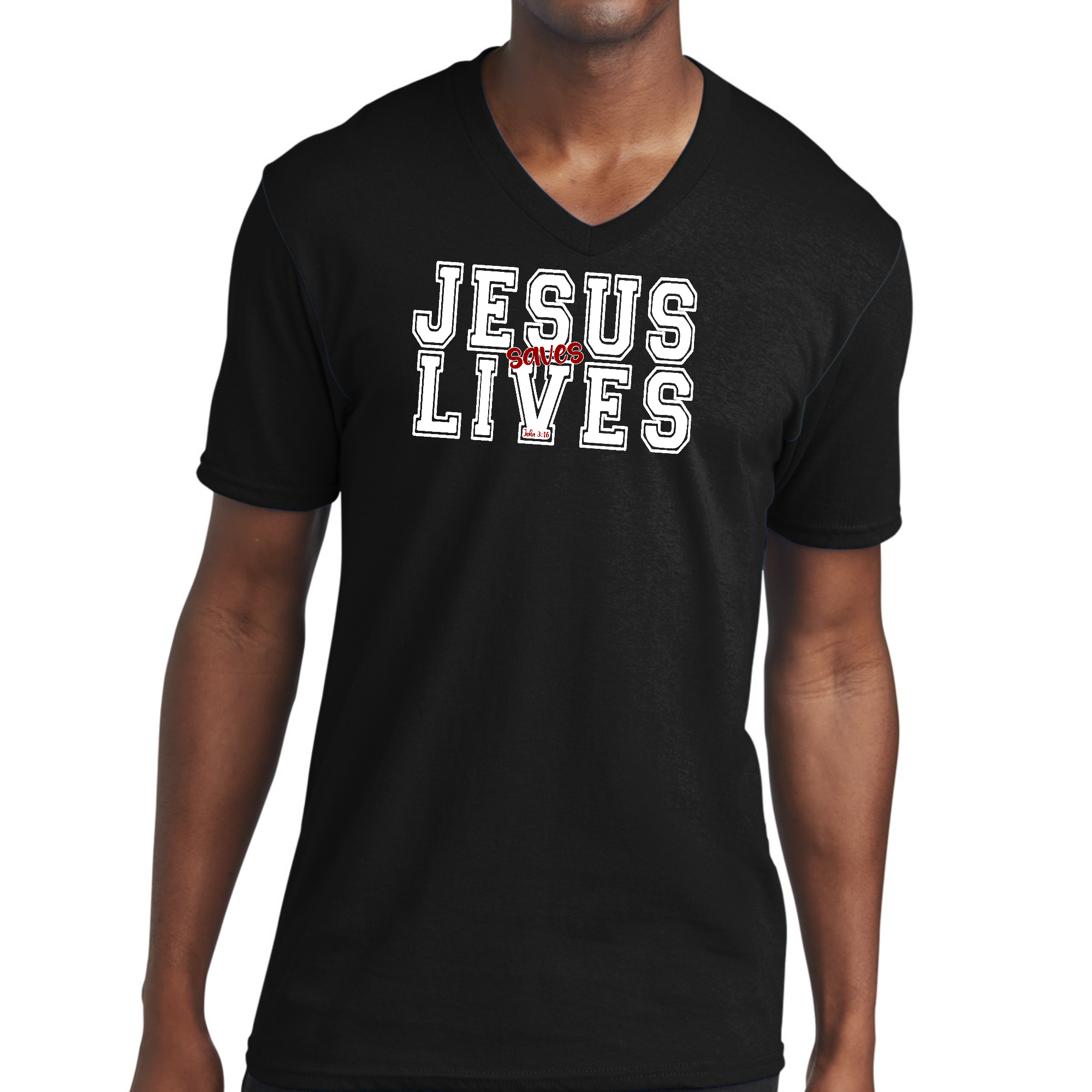 Men's Graphic V-neck T-shirt in white with red 'Jesus Saves Lives' illustration, showcasing a comfortable fit and stylish design.