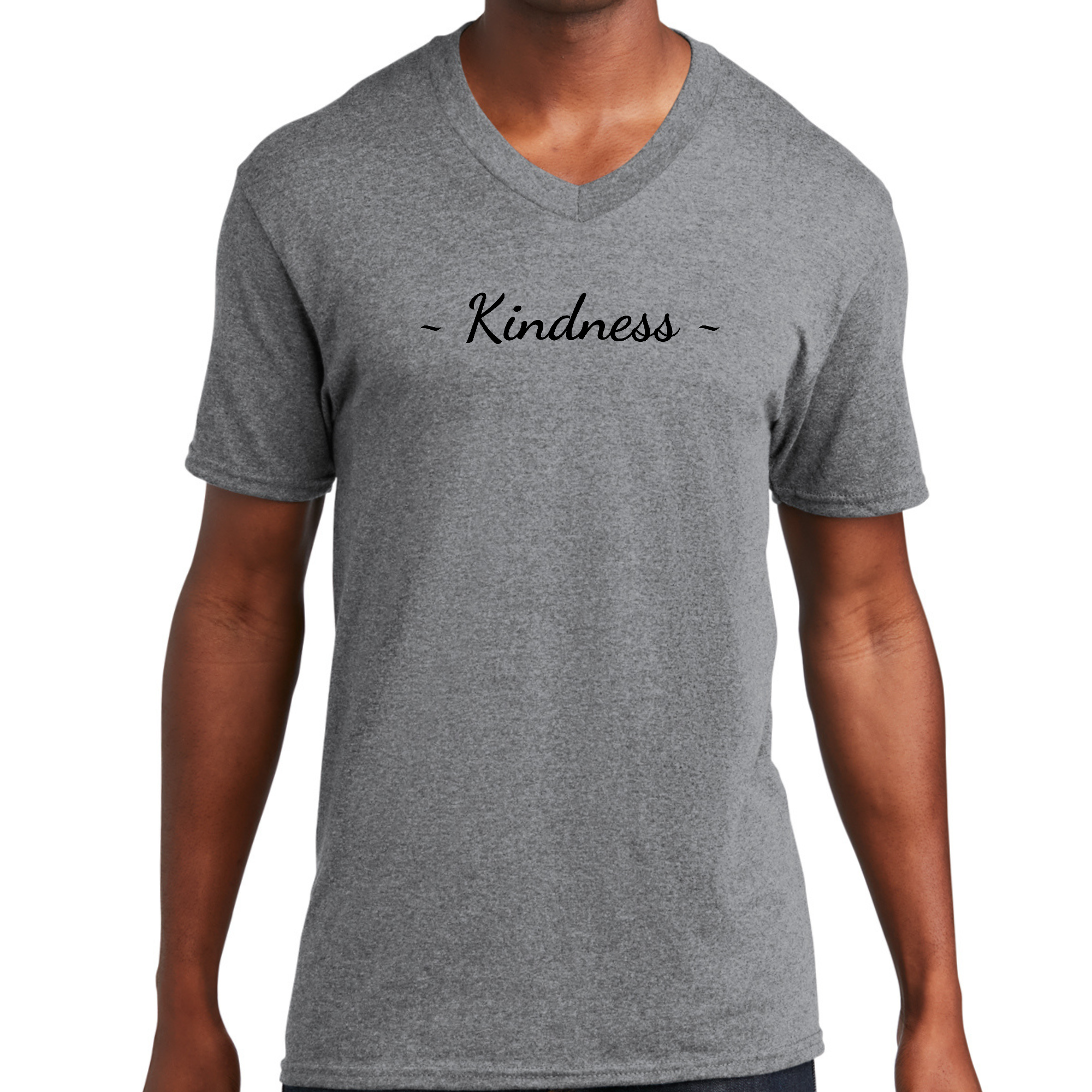 Men's Graphic V-neck T-shirt featuring a unique Kindness black print, showcasing modern design and comfortable fit.