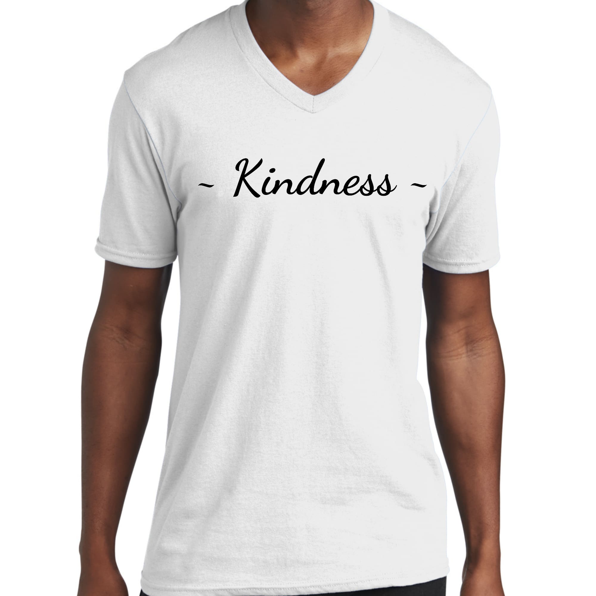 Men's Graphic V-neck T-shirt featuring a unique Kindness black print, showcasing modern design and comfortable fit.