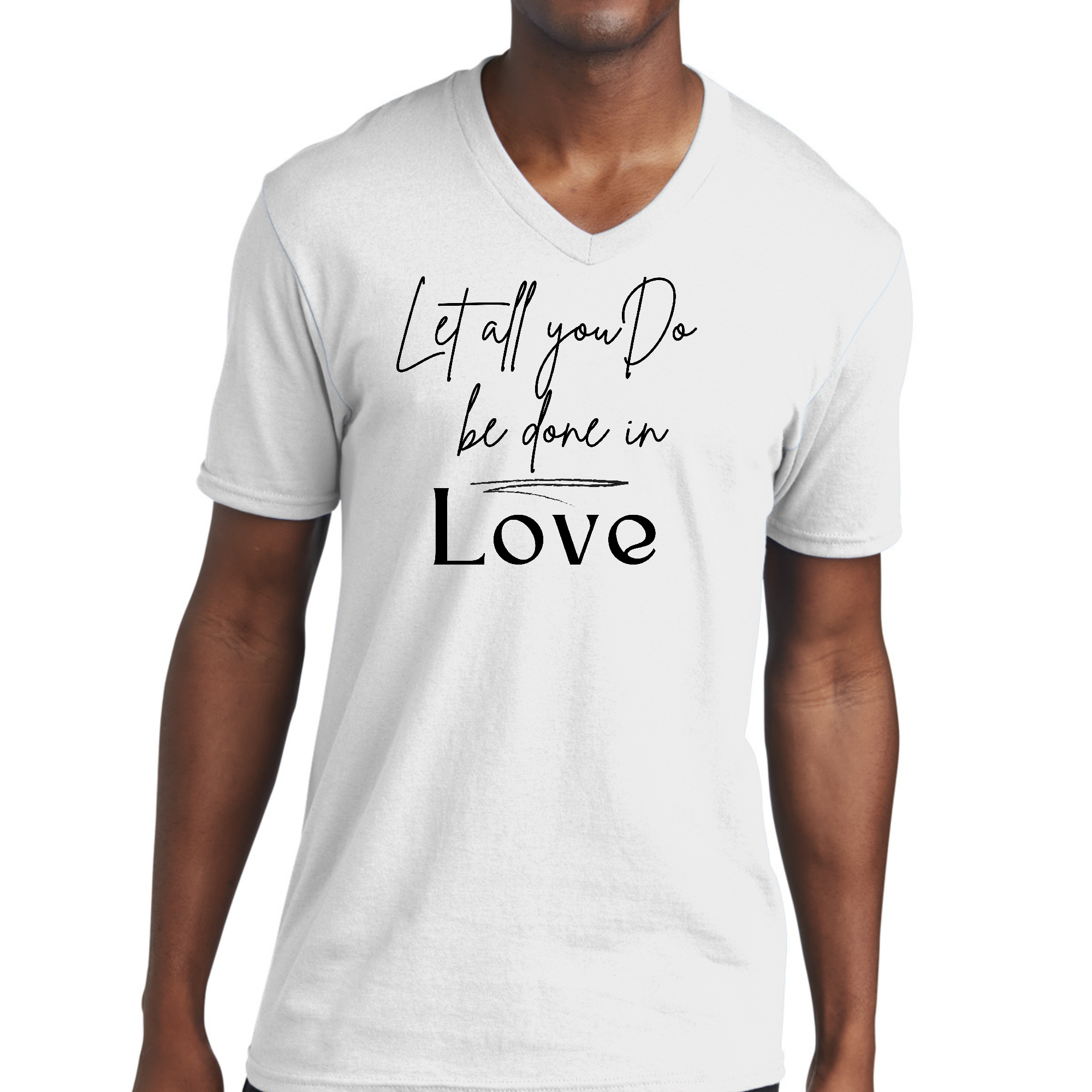 Men's black graphic V-neck T-shirt with 'Let All You Do Be Done in Love' scripture quote printed on the front.