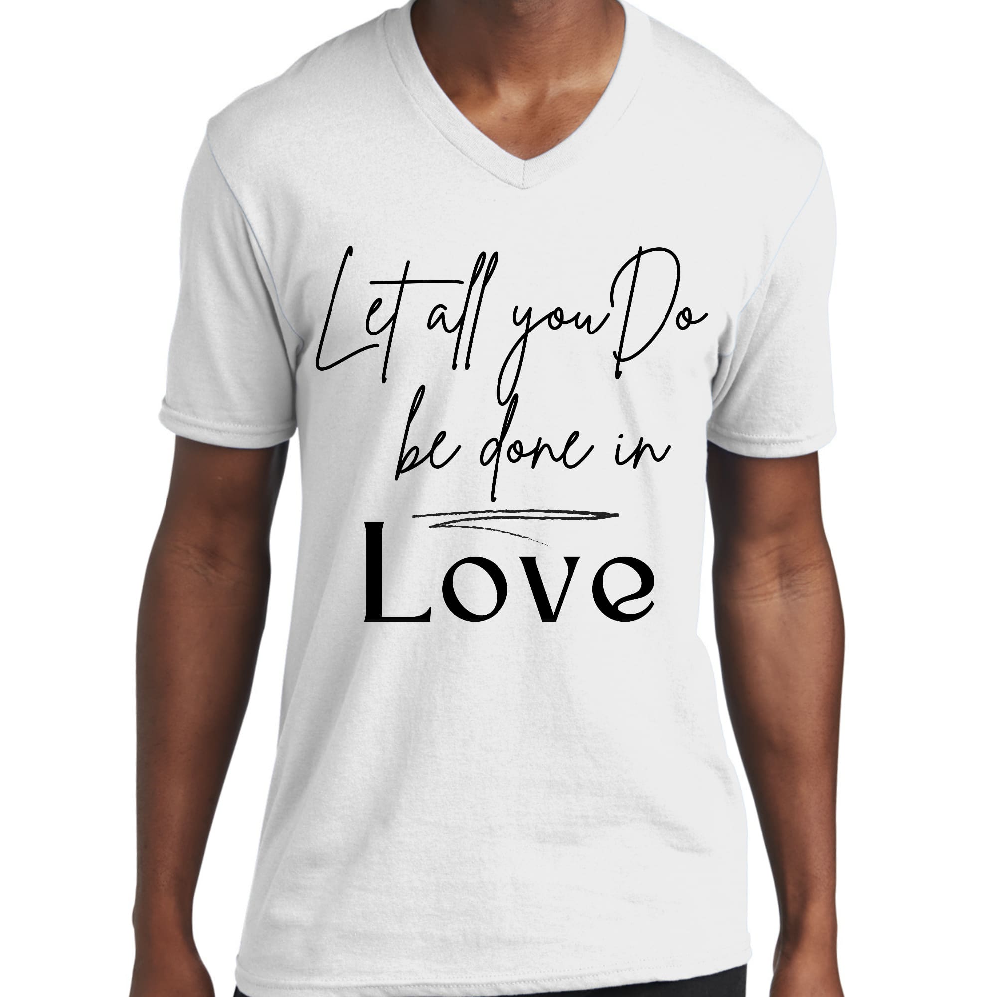 Men's black graphic V-neck T-shirt with 'Let All You Do Be Done in Love' scripture quote printed on the front.