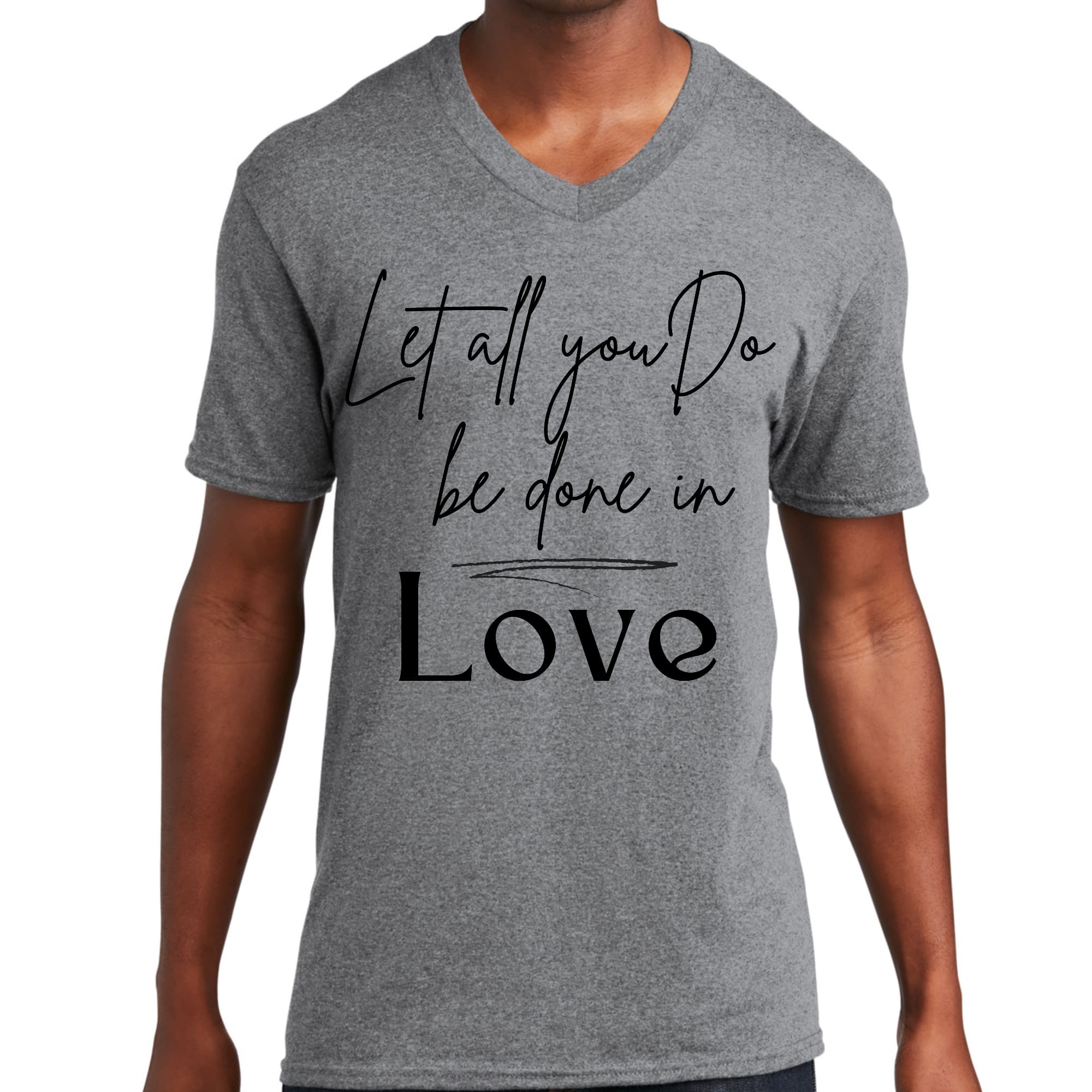 Men's black graphic V-neck T-shirt with 'Let All You Do Be Done in Love' scripture quote printed on the front.