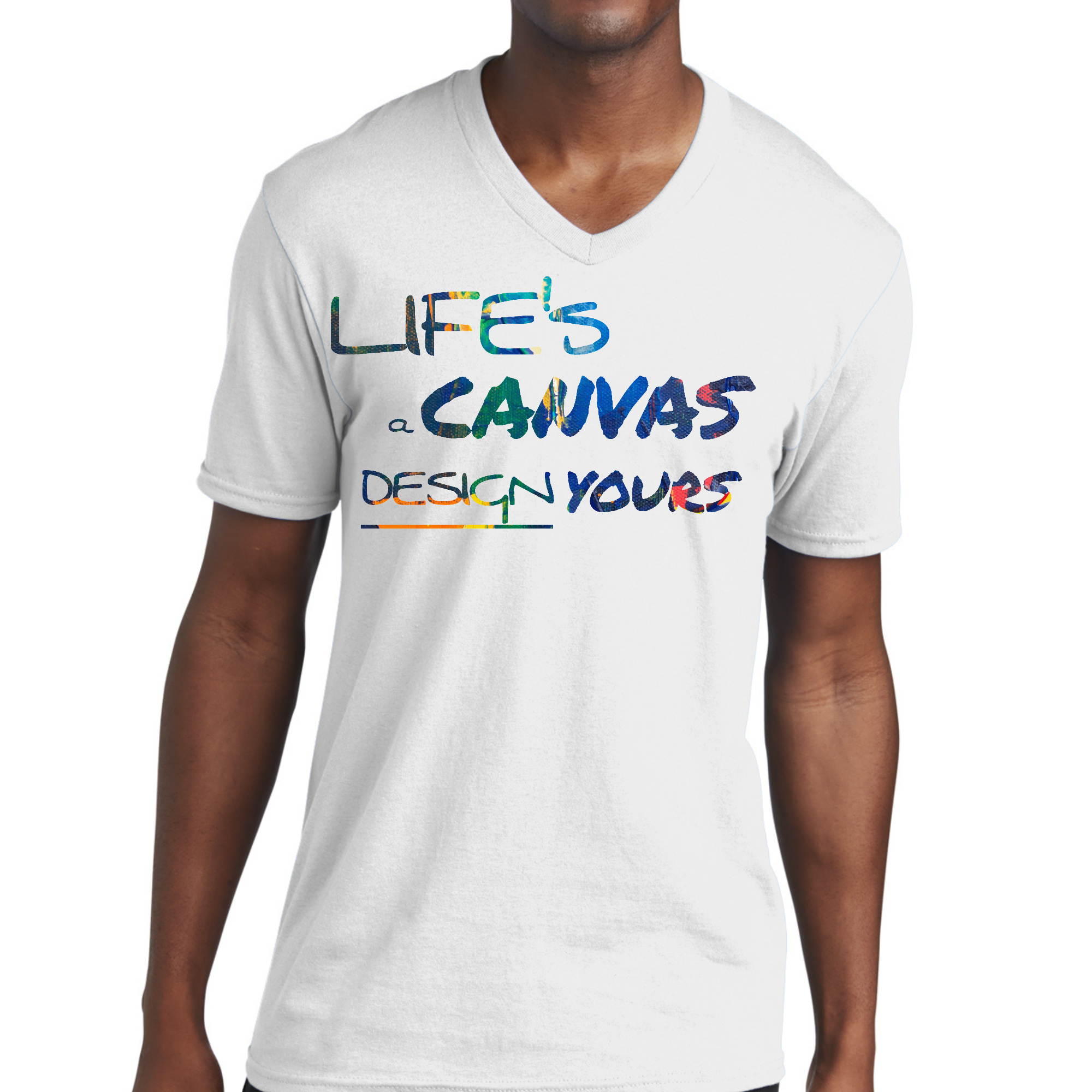 Men's Graphic V-neck T-shirt featuring a colorful 'Life's a Canvas Design Yours' print, made from soft preshrunk cotton.