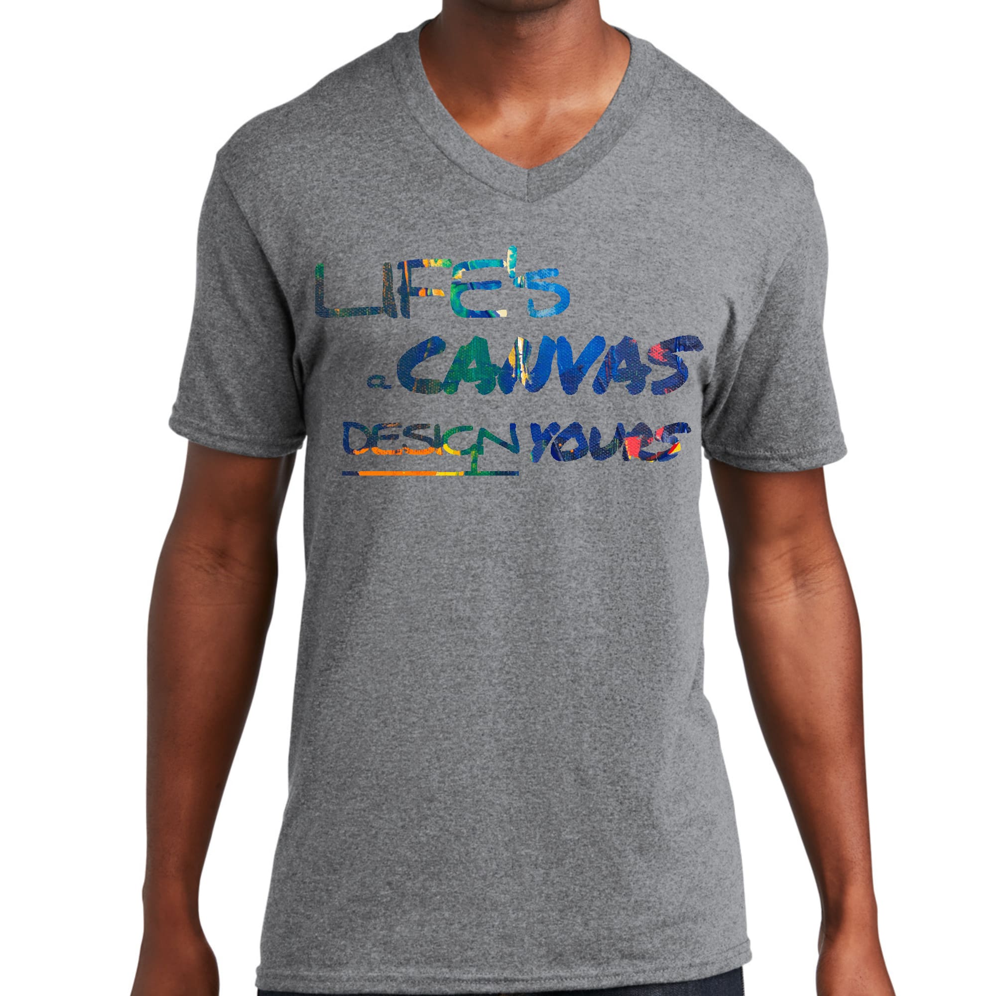 Men's Graphic V-neck T-shirt featuring a colorful 'Life's a Canvas Design Yours' print, made from soft preshrunk cotton.