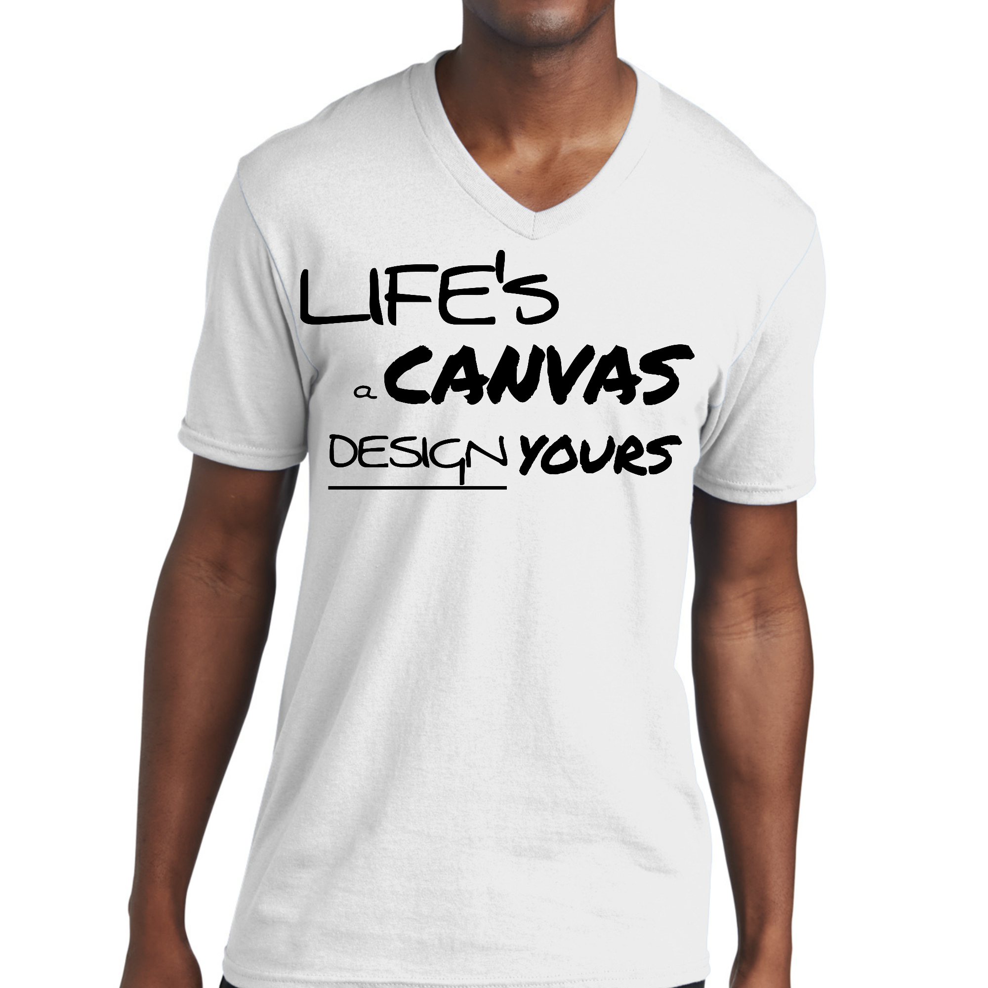 Men's Graphic V-neck T-shirt in black featuring 'Life's a Canvas' design, showcasing its soft fabric and stylish cut.