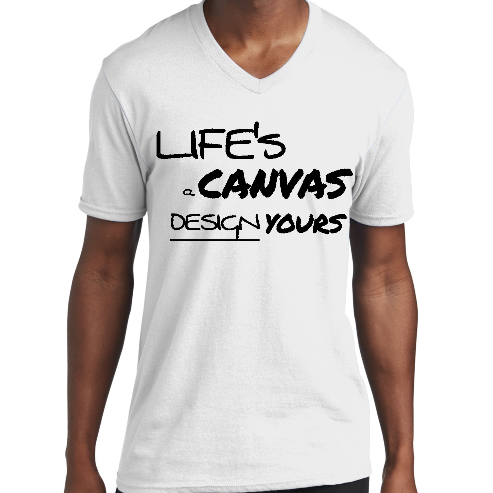 Men's Graphic V-neck T-shirt in black featuring 'Life's a Canvas' design, showcasing its soft fabric and stylish cut.