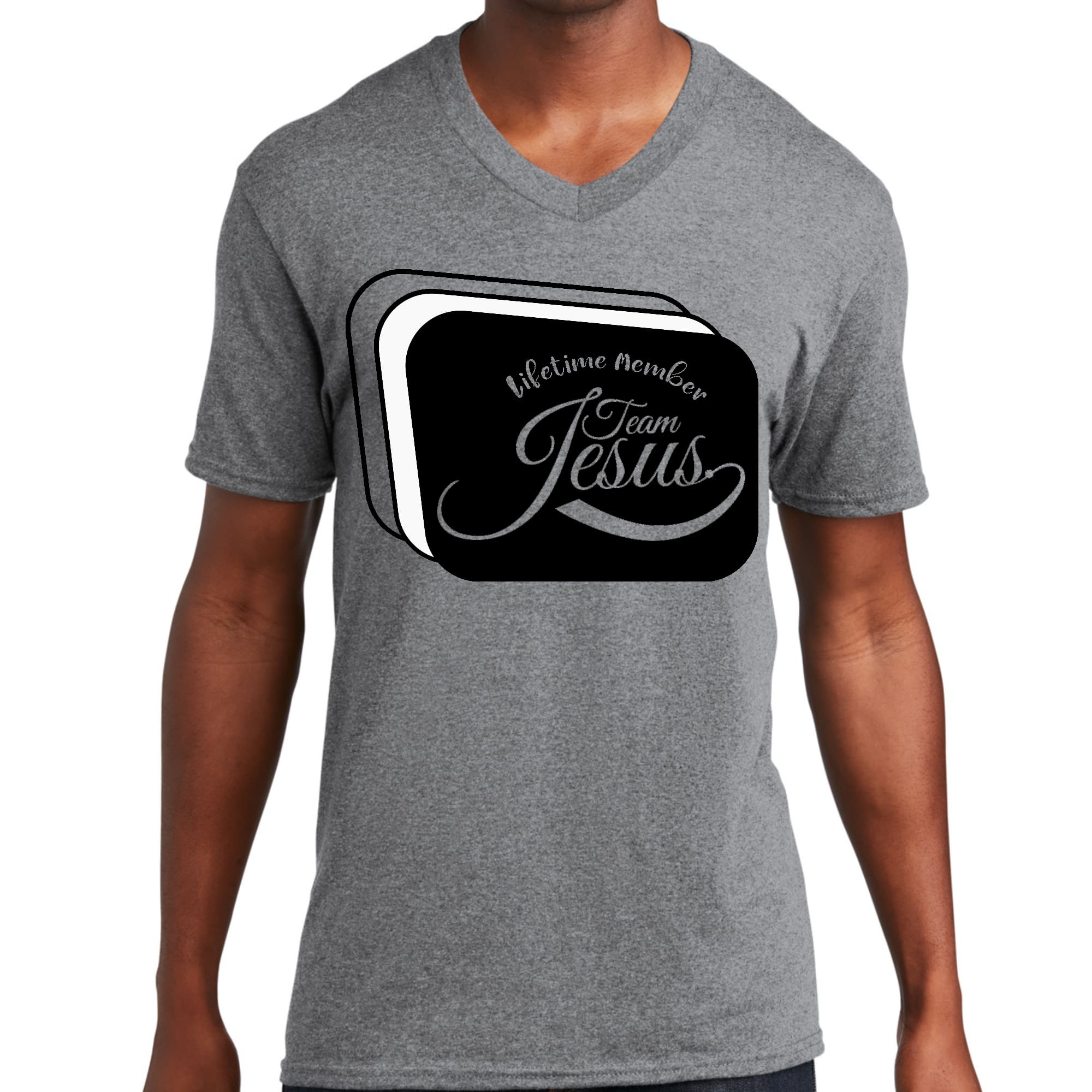 Men's Graphic V-neck T-shirt featuring a bold black and white 'Lifetime Member Team Jesus' design, crafted from soft cotton fabric.