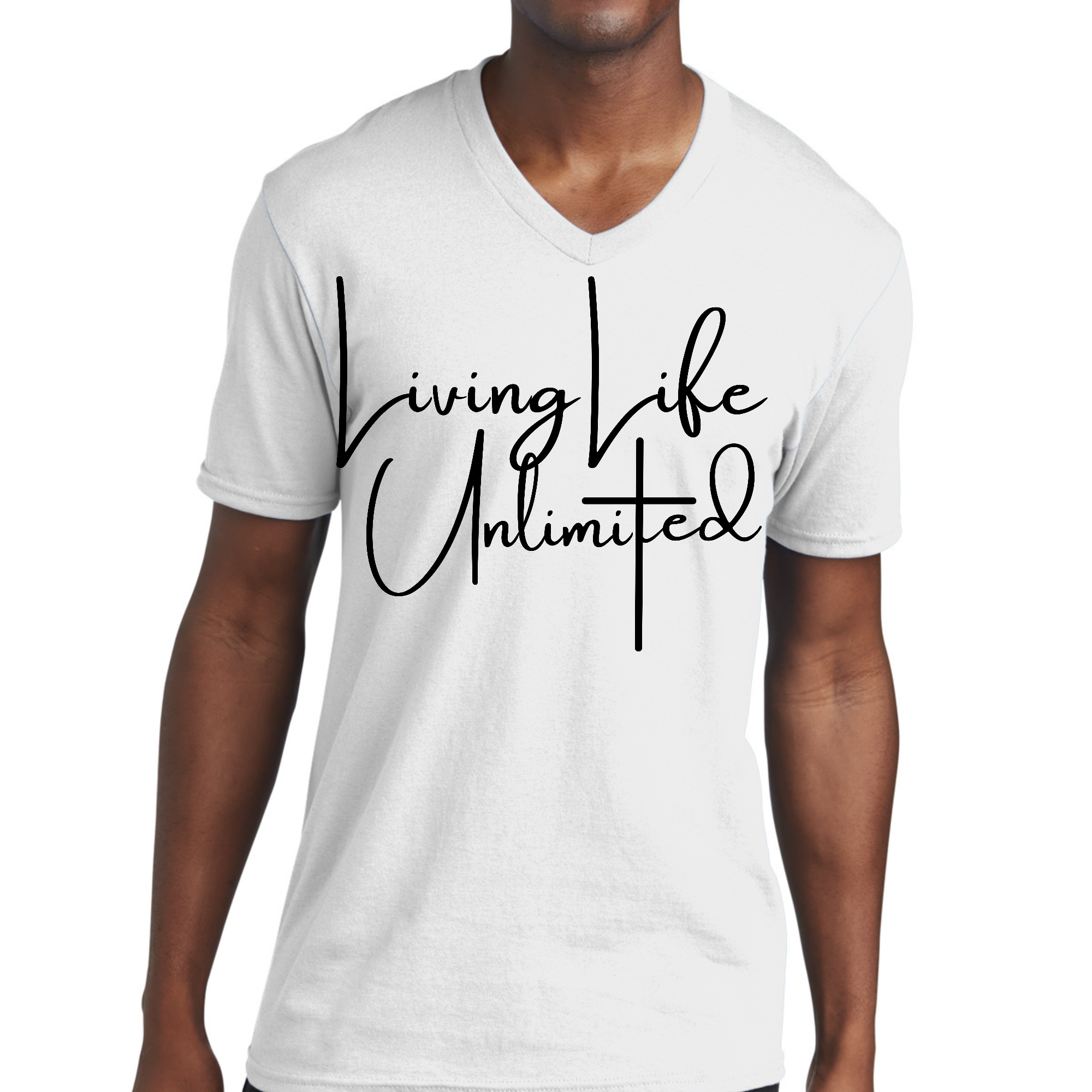 Men's black graphic V-neck T-shirt featuring 'Living Life Unlimited' inspirational design, made from soft preshrunk cotton.