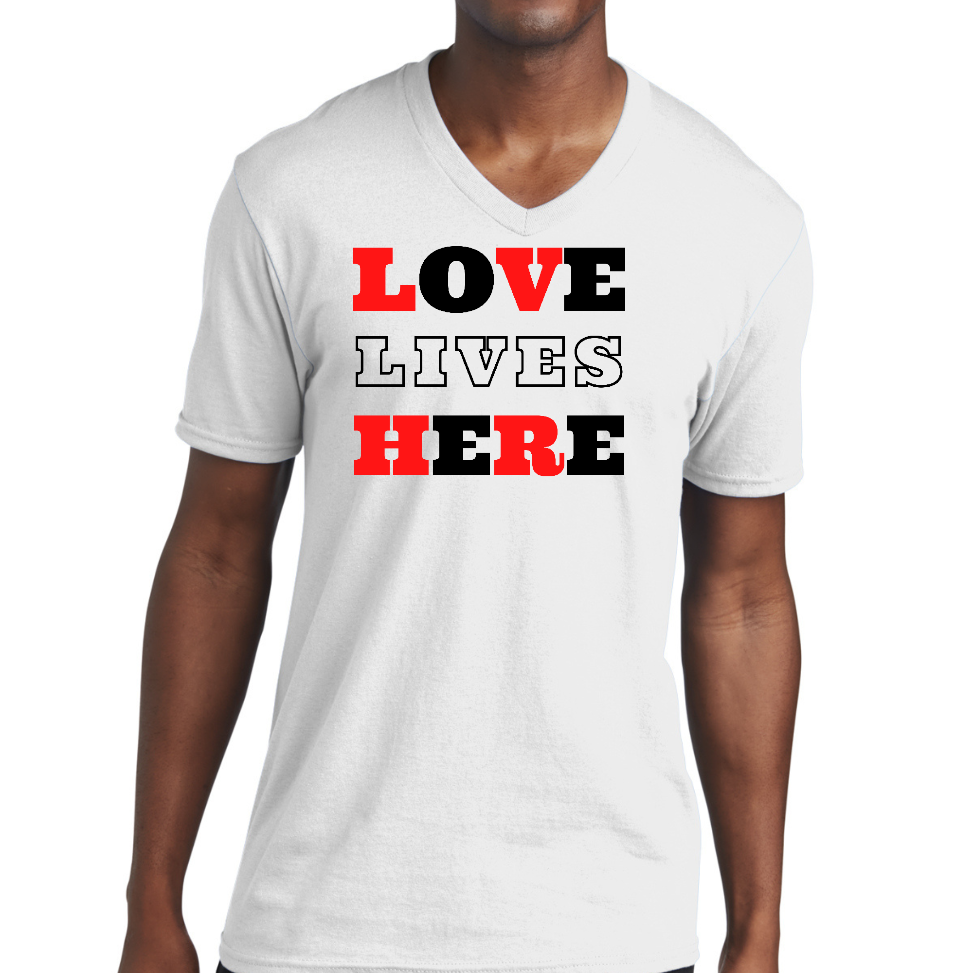 Men's Graphic V-neck T-shirt in red and black featuring 'Love Lives Here' Christian design, made from soft preshrunk cotton.