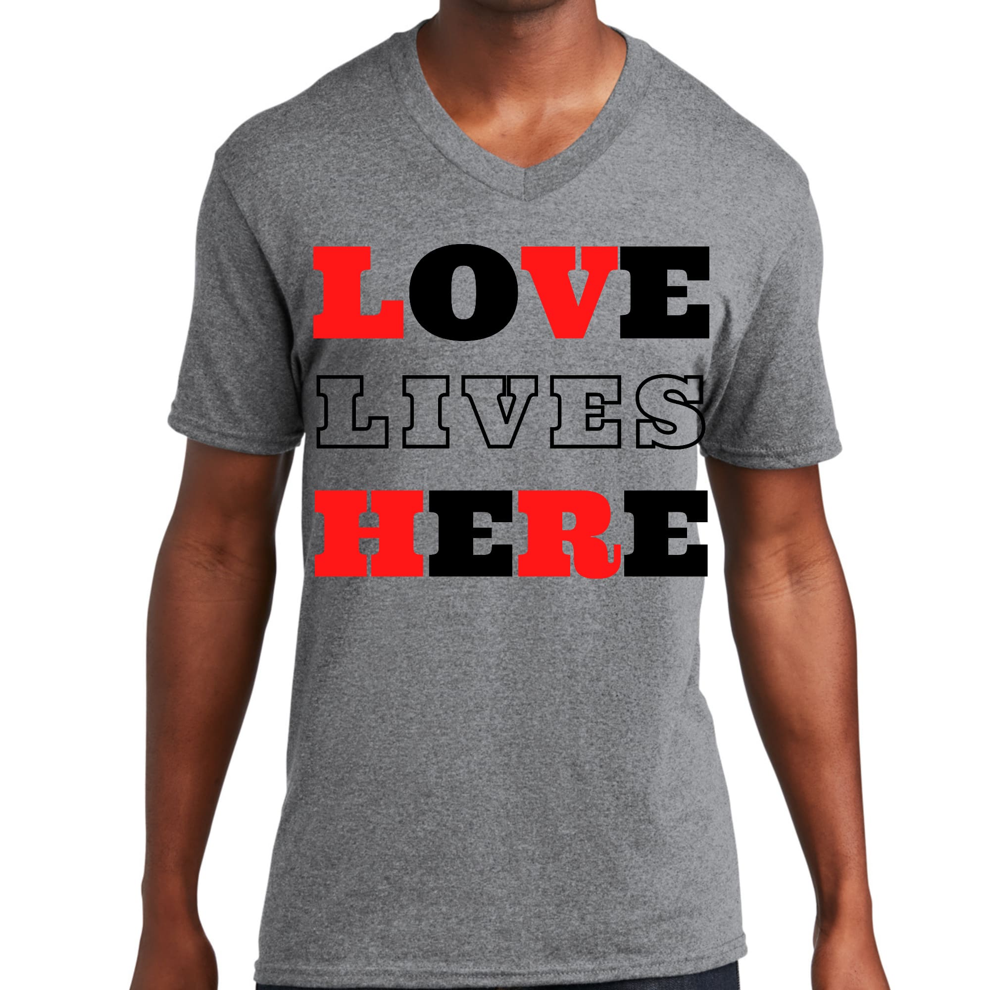 Men's Graphic V-neck T-shirt in red and black featuring 'Love Lives Here' Christian design, made from soft preshrunk cotton.