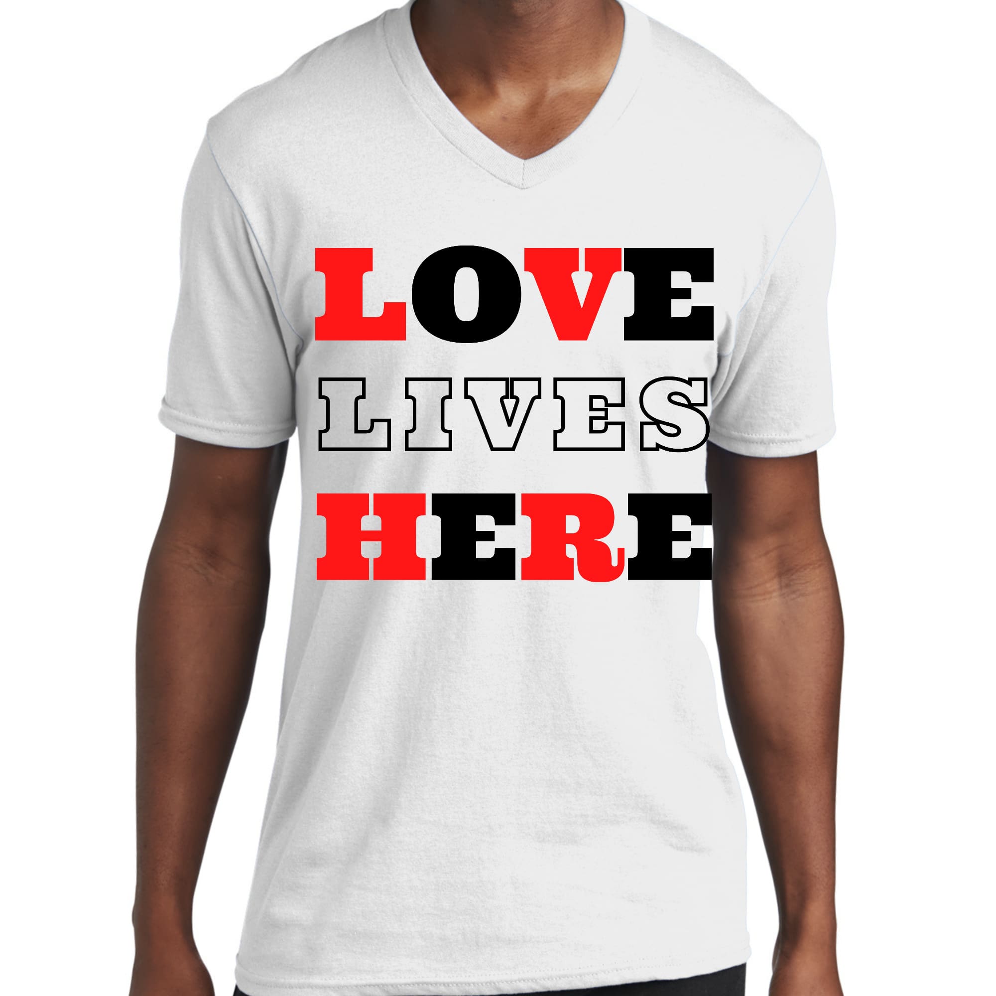 Men's Graphic V-neck T-shirt in red and black featuring 'Love Lives Here' Christian design, made from soft preshrunk cotton.