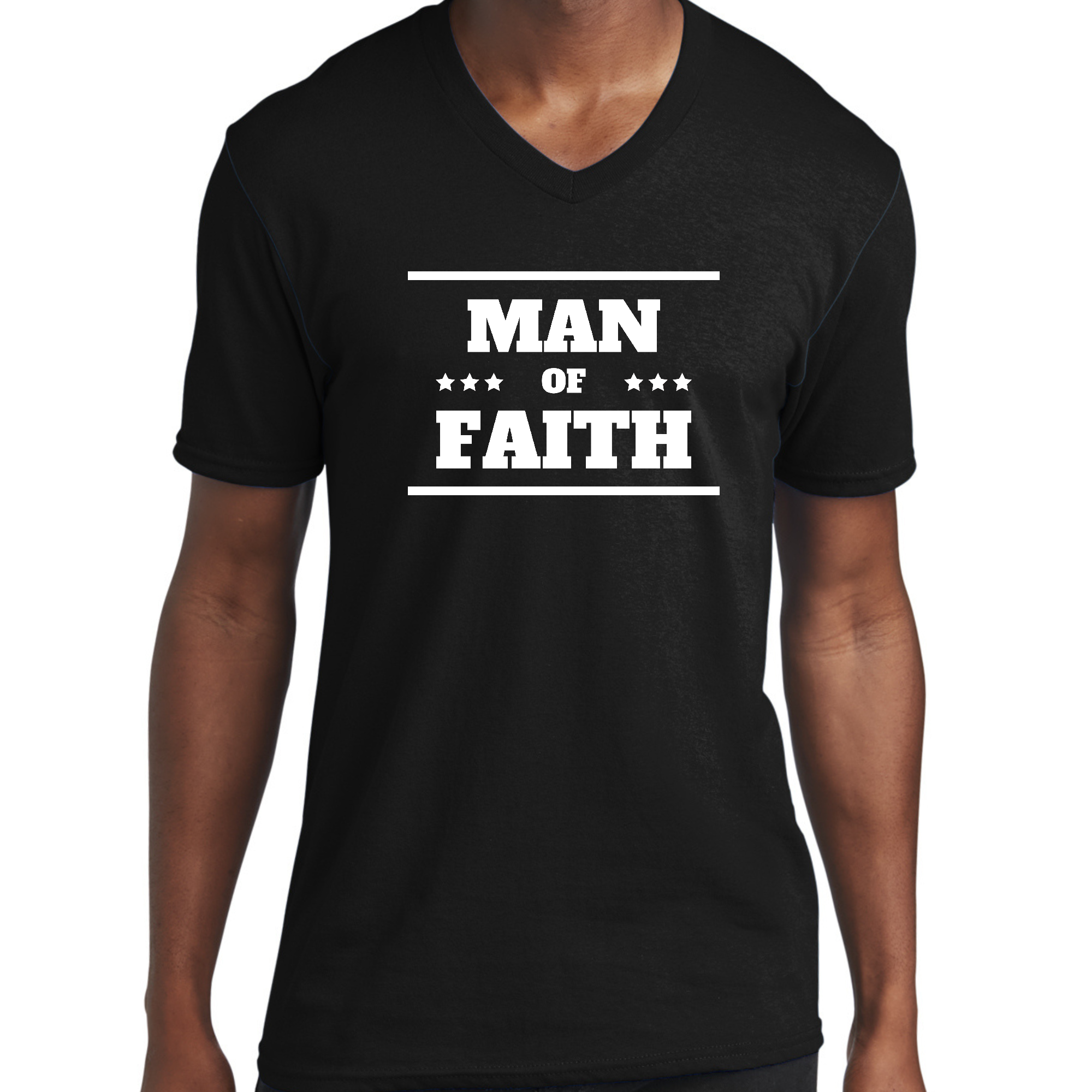 Mens Graphic V-neck T-shirt featuring 'Man of Faith' design, showcasing vibrant graphics and comfortable fit.