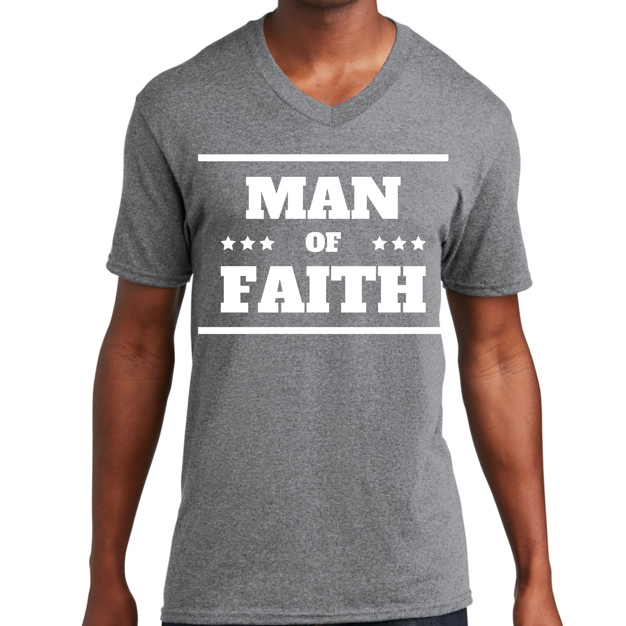 Mens Graphic V-neck T-shirt featuring 'Man of Faith' design, showcasing vibrant graphics and comfortable fit.