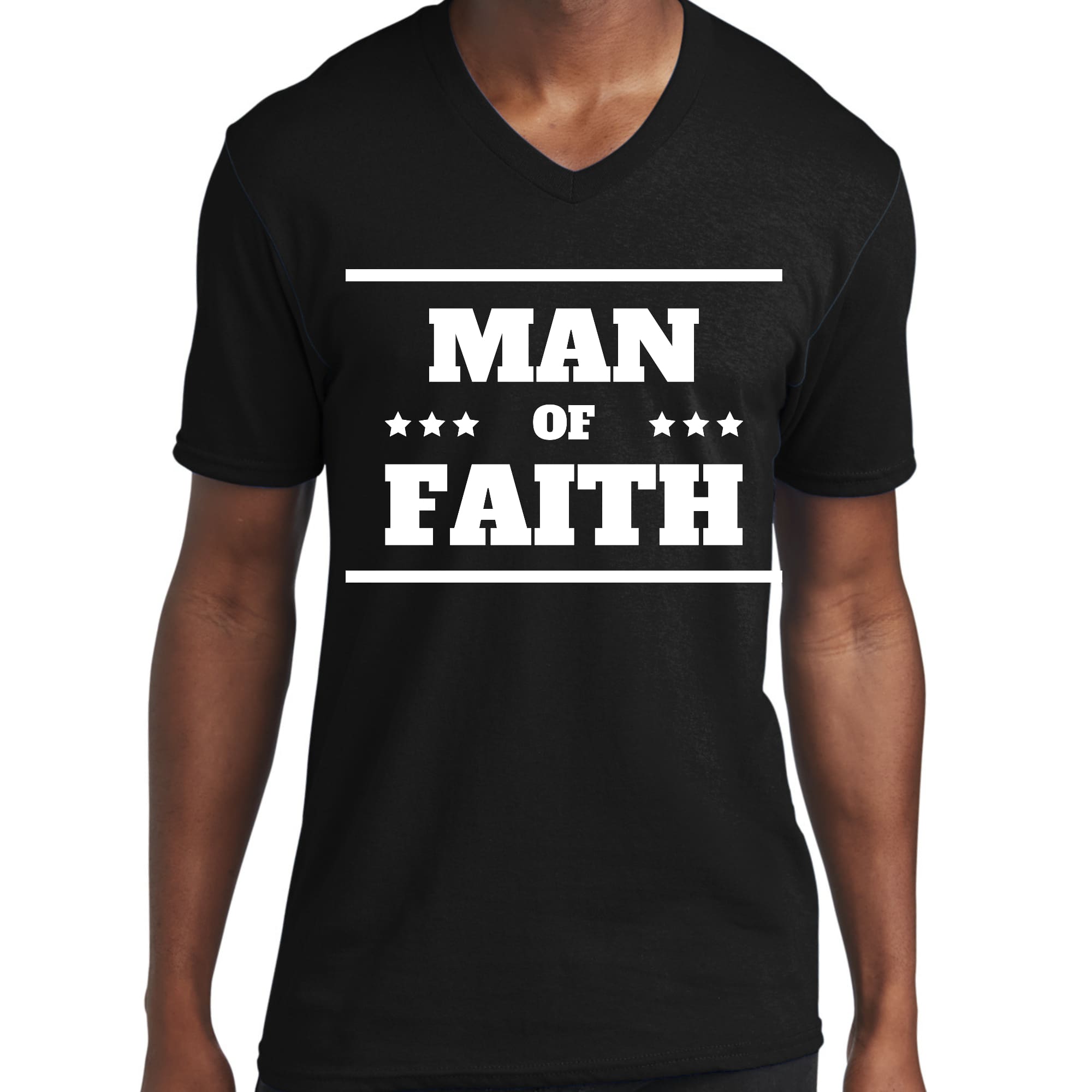 Mens Graphic V-neck T-shirt featuring 'Man of Faith' design, showcasing vibrant graphics and comfortable fit.