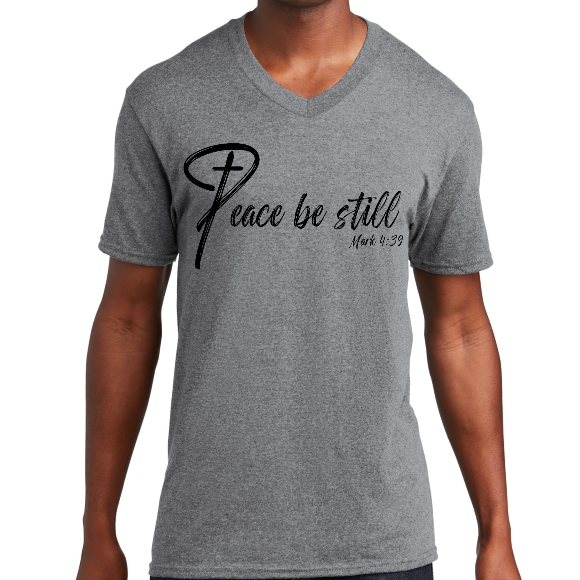 Men's Graphic V-neck T-shirt featuring 'Peace Be Still' design, showcasing vibrant colors and modern style.