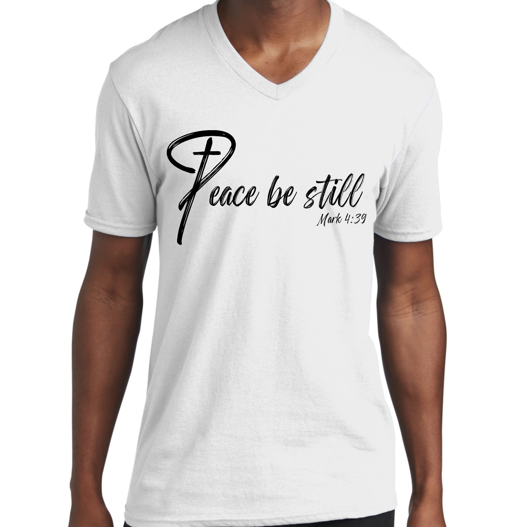 Men's Graphic V-neck T-shirt featuring 'Peace Be Still' design, showcasing vibrant colors and modern style.