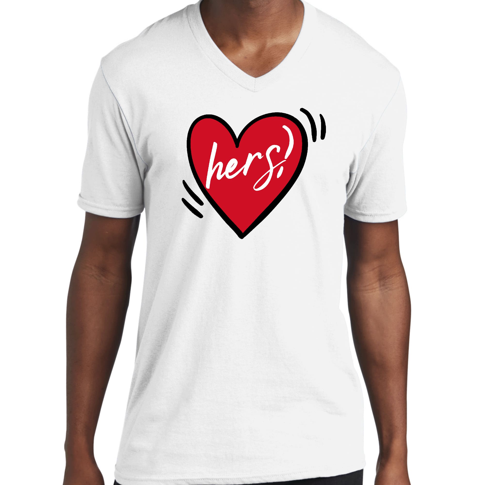 Men's Graphic V-neck T-shirt featuring the phrase 'Say it Soul Her Heart', designed for couples with a unique and artistic print.