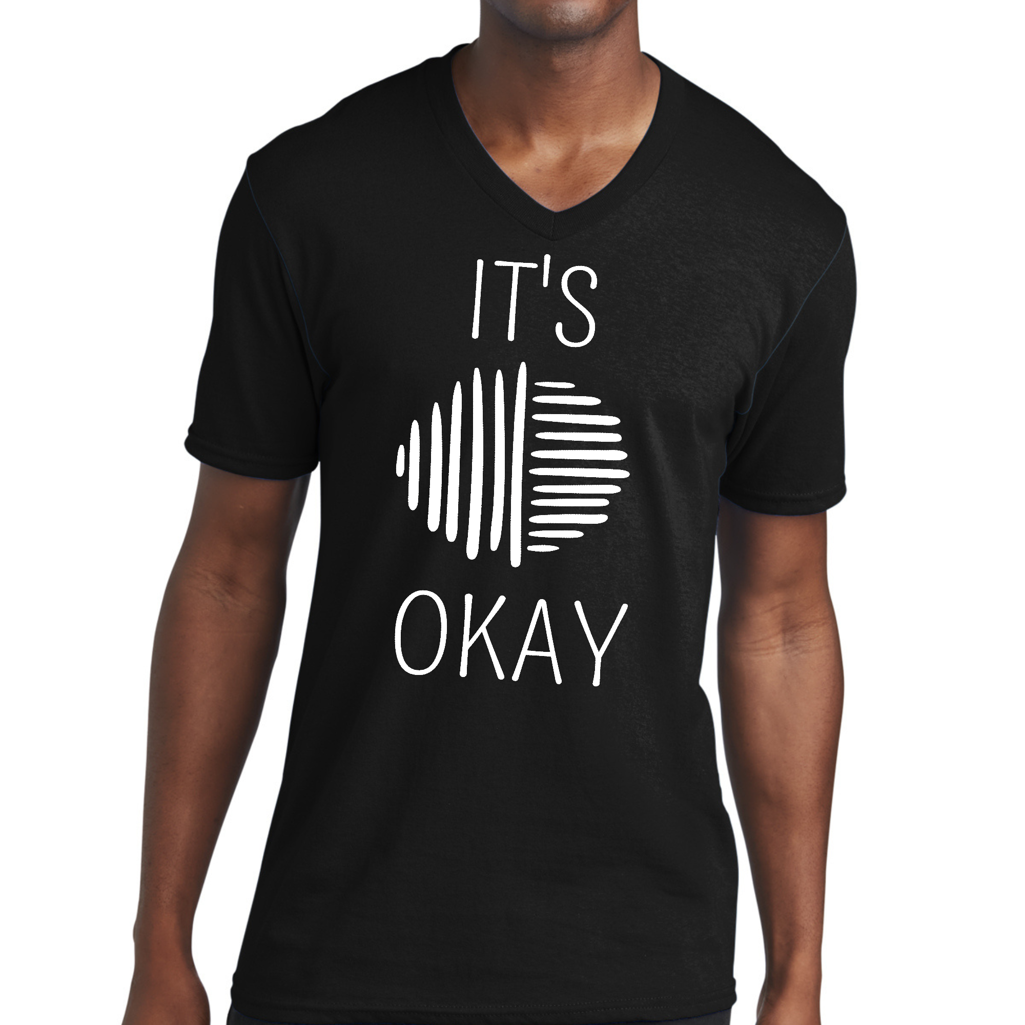 Men's Graphic V-neck T-shirt in white featuring positive affirmation design 'Say It Soul, It's Okay' with line art style.