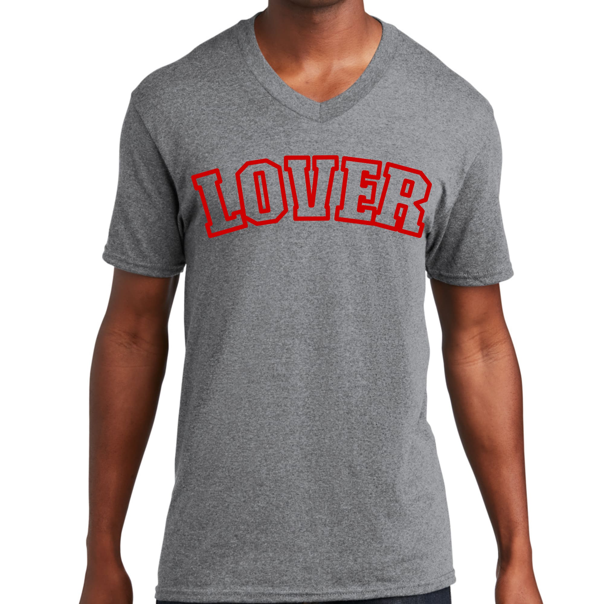 Men's red graphic V-neck T-shirt featuring 'Say it Soul Lover' print, showcasing a modern and artistic design.