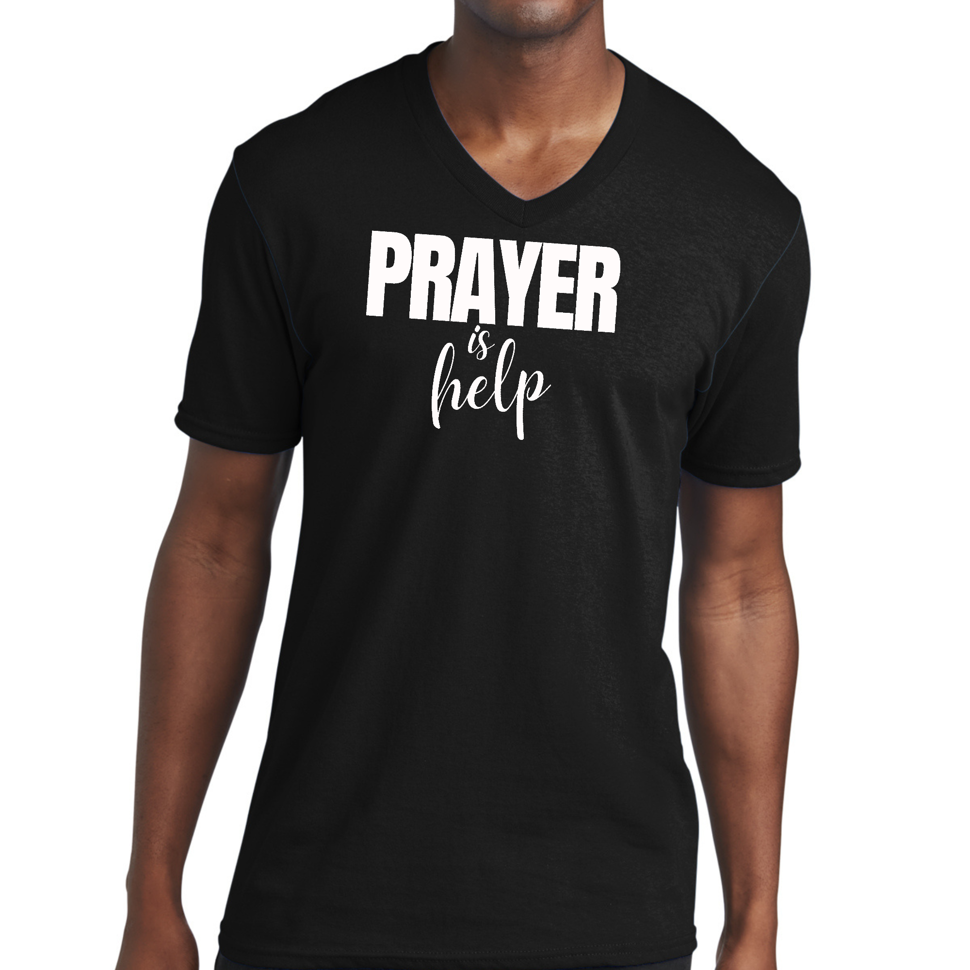 Men's Graphic V-neck T-shirt featuring the quote 'Prayer is Help', made from soft preshrunk cotton with a classic fit.