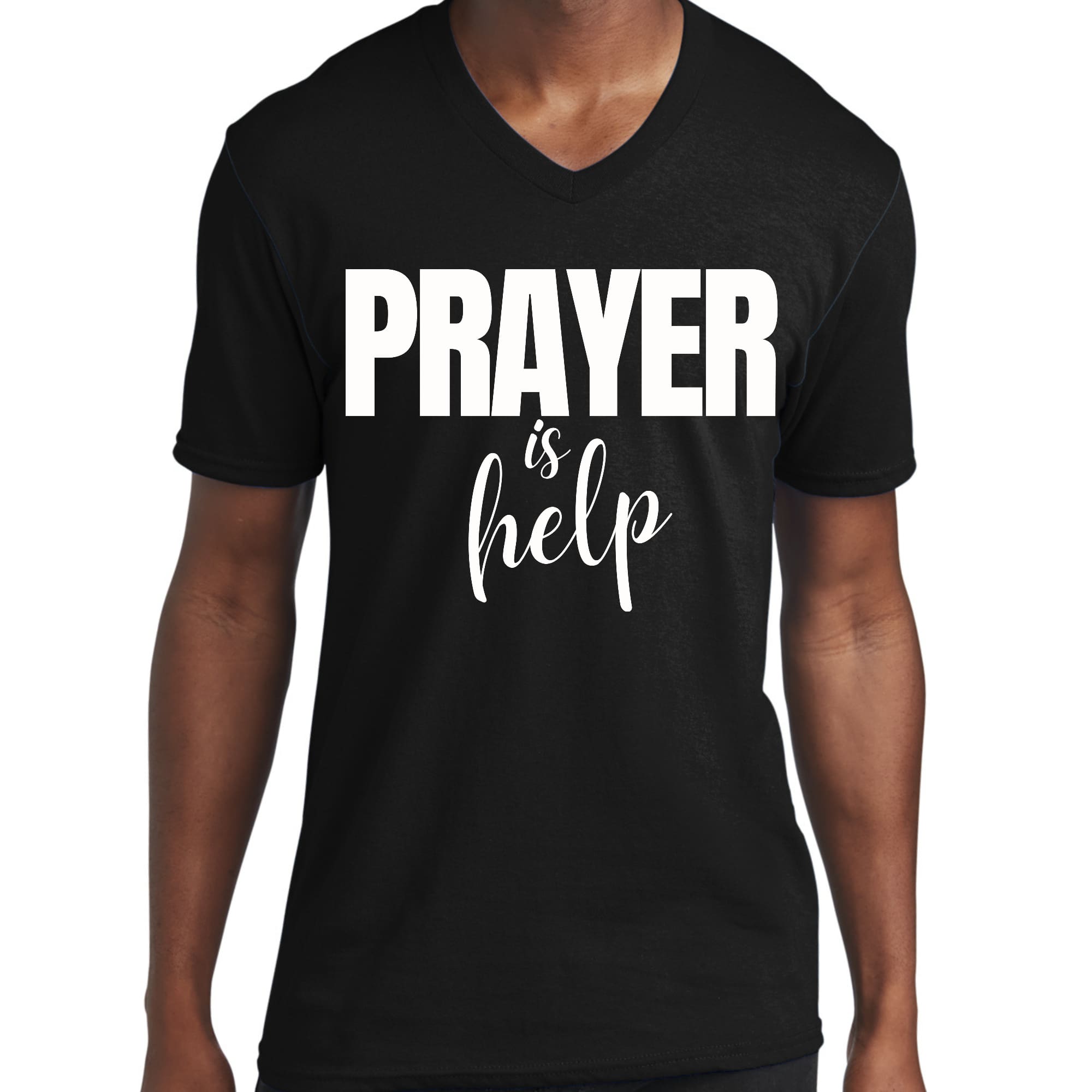 Men's Graphic V-neck T-shirt featuring the quote 'Prayer is Help', made from soft preshrunk cotton with a classic fit.