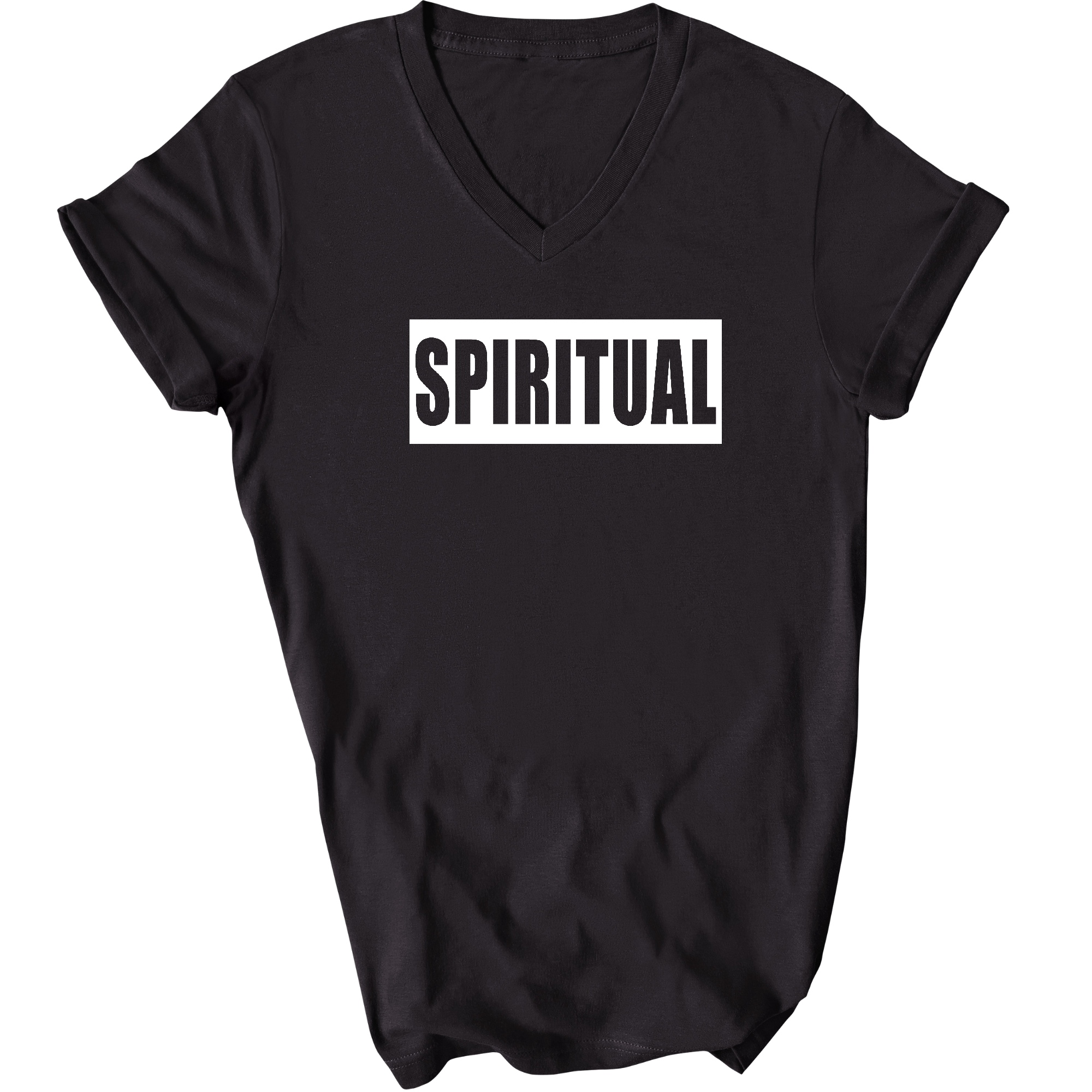 Mens Graphic V-neck T-shirt featuring a Spiritual White Colorblock Illustration, showcasing a stylish design and comfortable fit.