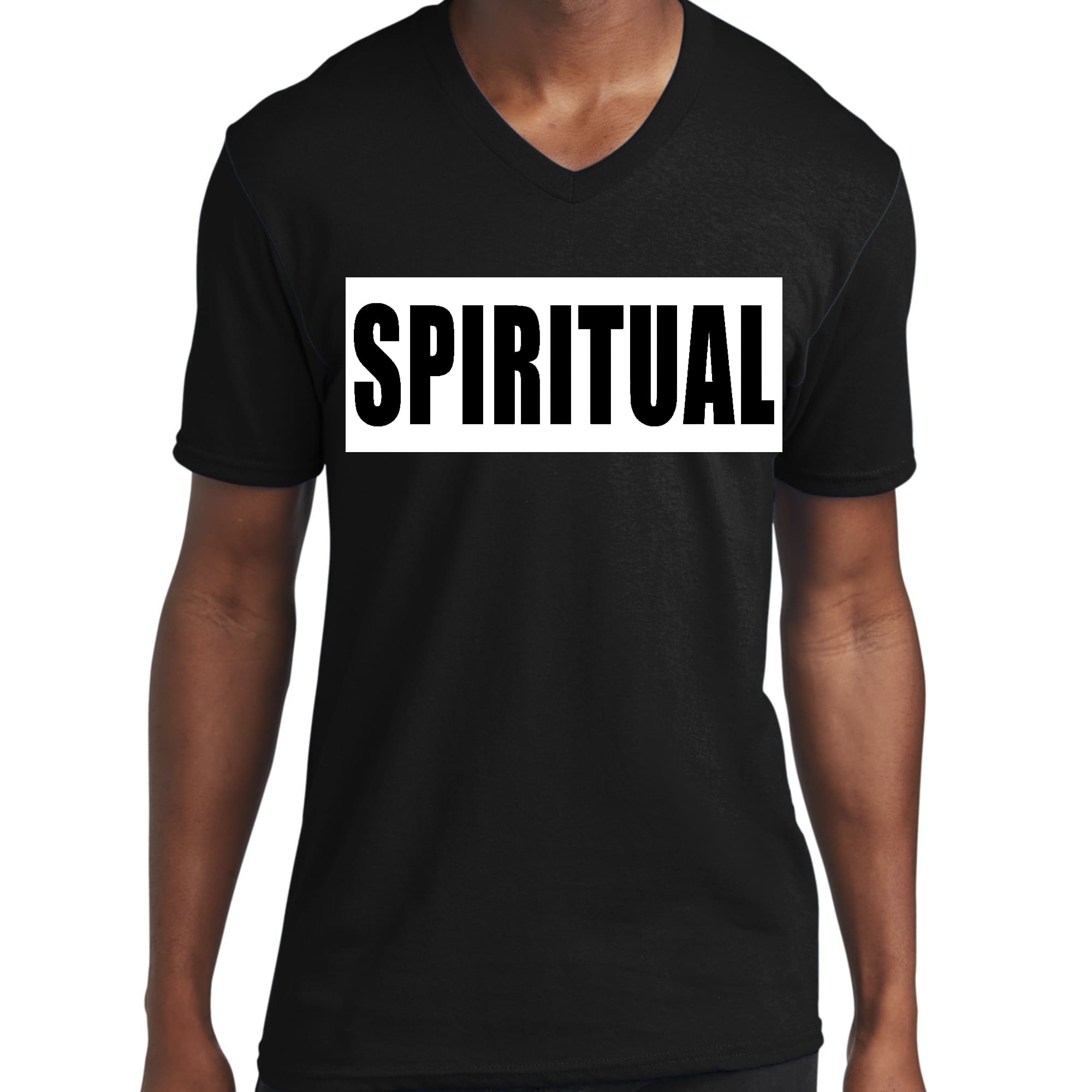 Mens Graphic V-neck T-shirt featuring a Spiritual White Colorblock Illustration, showcasing a stylish design and comfortable fit.