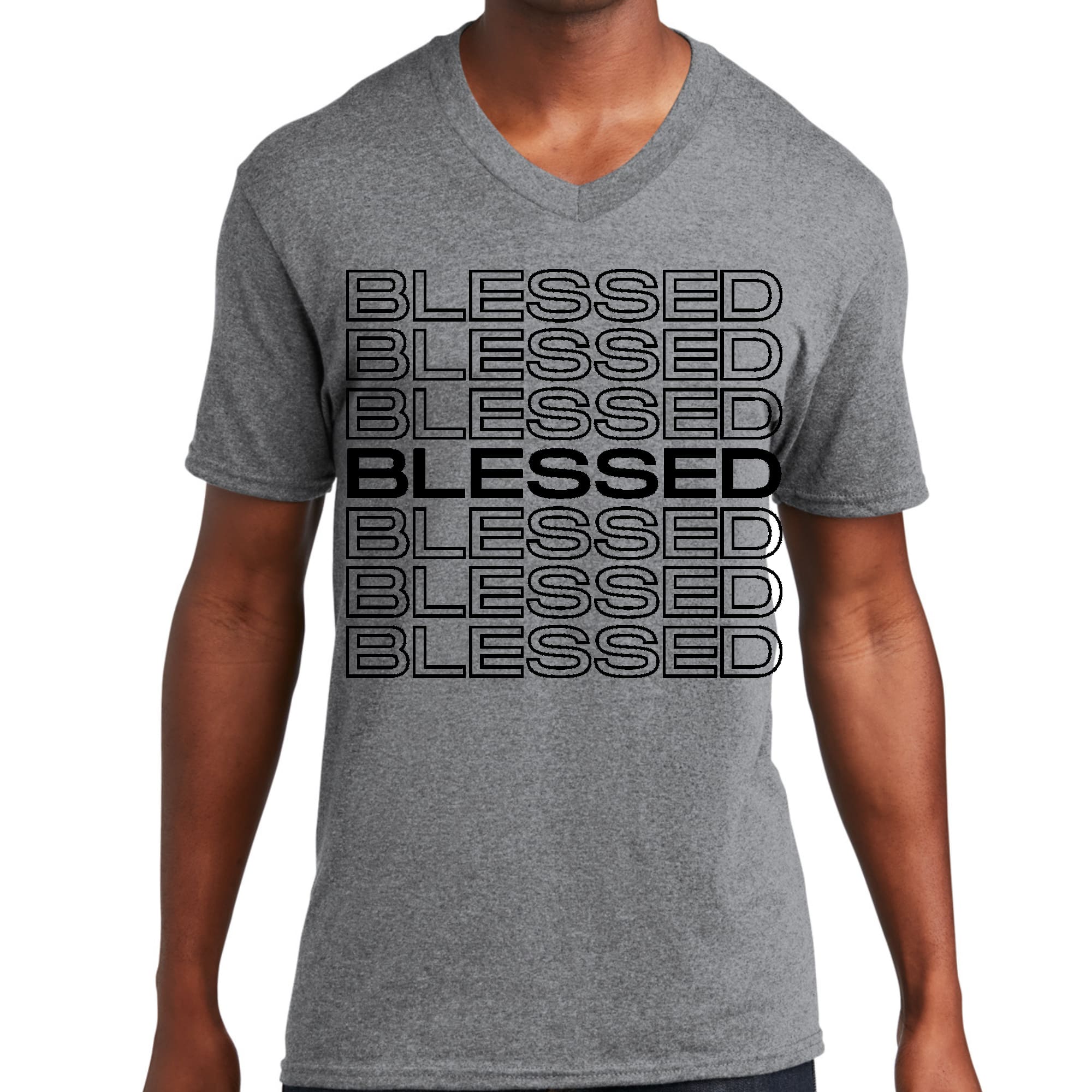 Men's black graphic V-neck T-shirt featuring a Stacked Blessed Print, showcasing inspirational text and a comfortable fit.