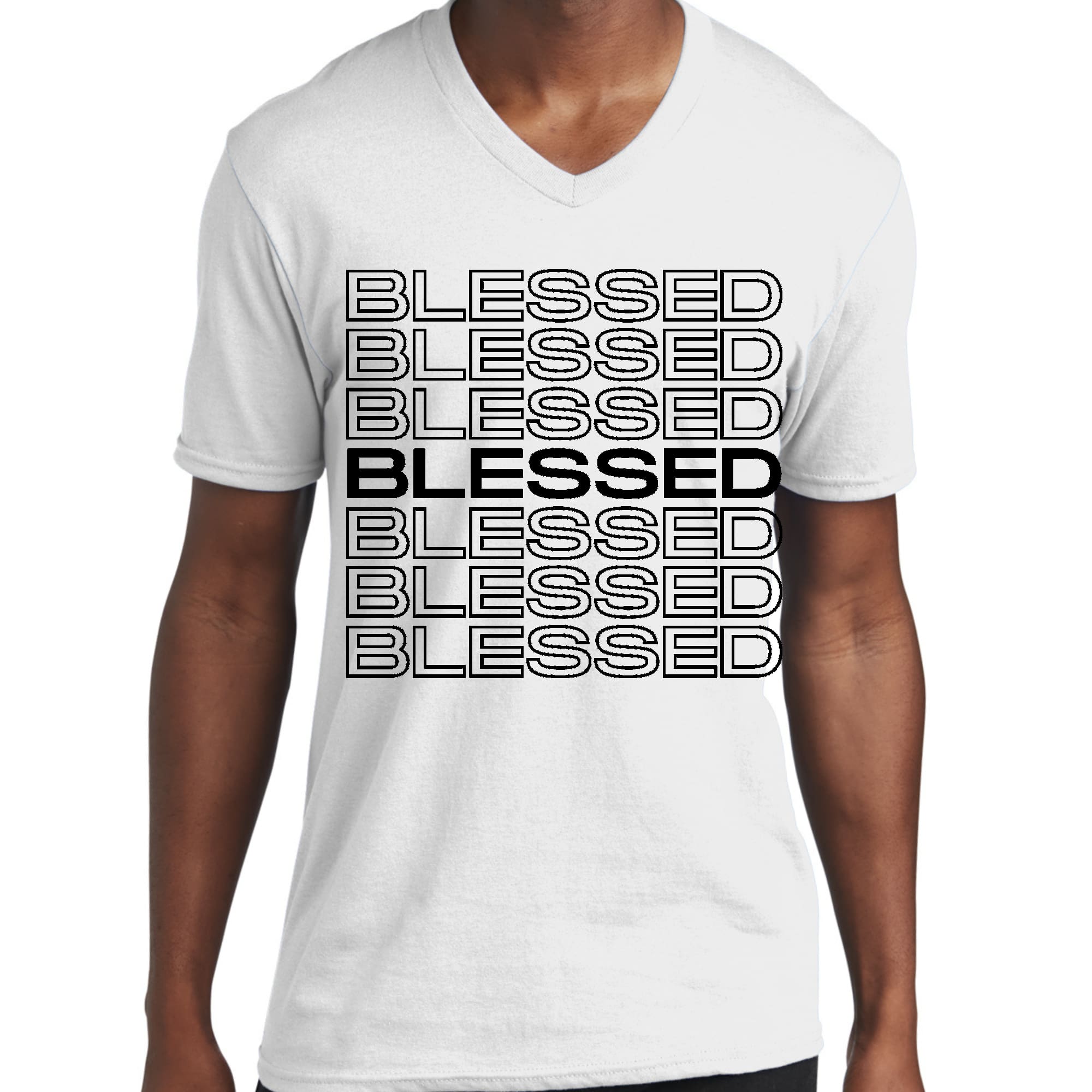 Men's black graphic V-neck T-shirt featuring a Stacked Blessed Print, showcasing inspirational text and a comfortable fit.