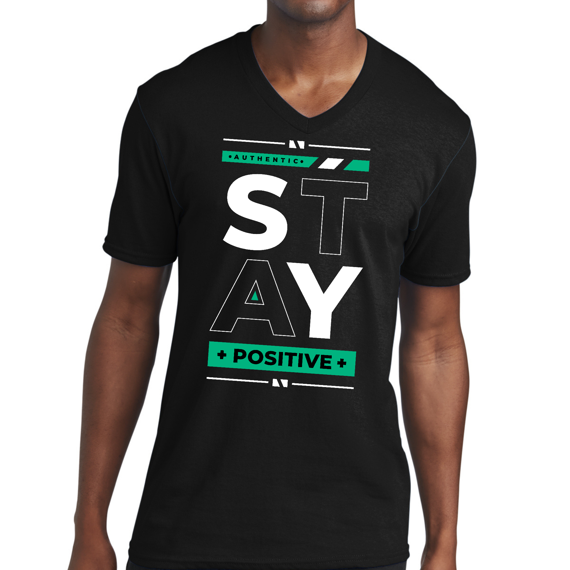 Men's Graphic V-neck T-shirt featuring 'Stay Positive' motivational print, made from soft preshrunk cotton for comfort and durability.